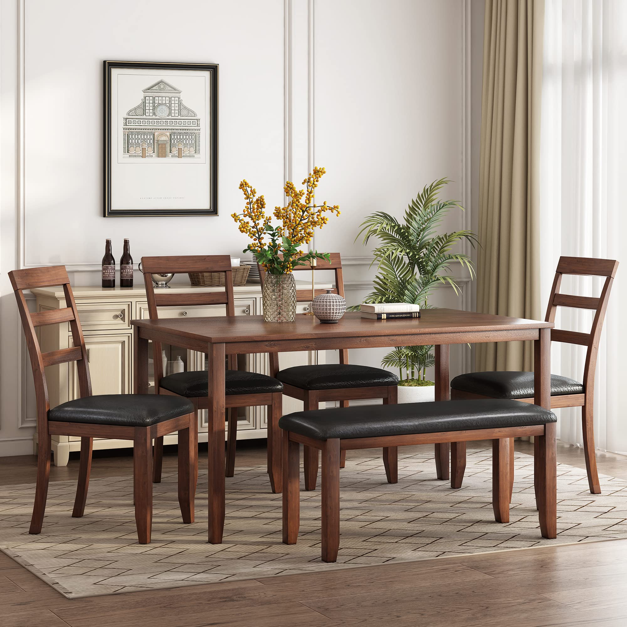 Harper & Bright Designs 6-Piece Dining Table Set with Wood Table, Upholstered Bench & Chairs - Walnut Finish & PU Cushion - Perfect for Kitchen, Dining Room & Small Spaces