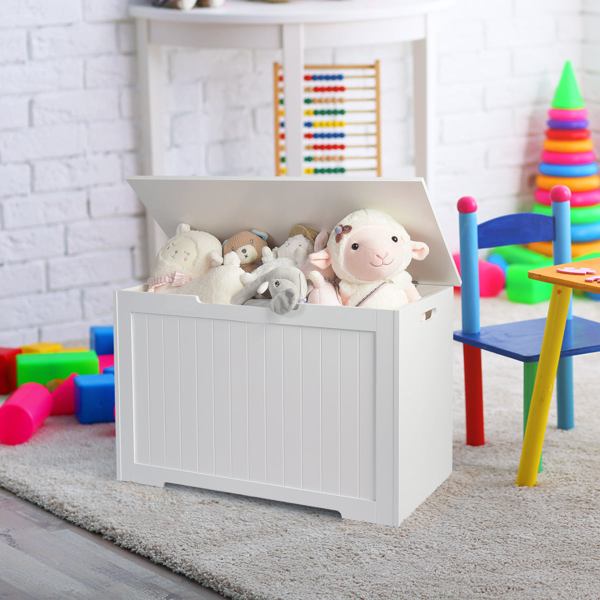 White Wooden Toy Box with Flip Top Lid - Kids Toy Storage Organizer for Playroom, Nursery, and Bedroom