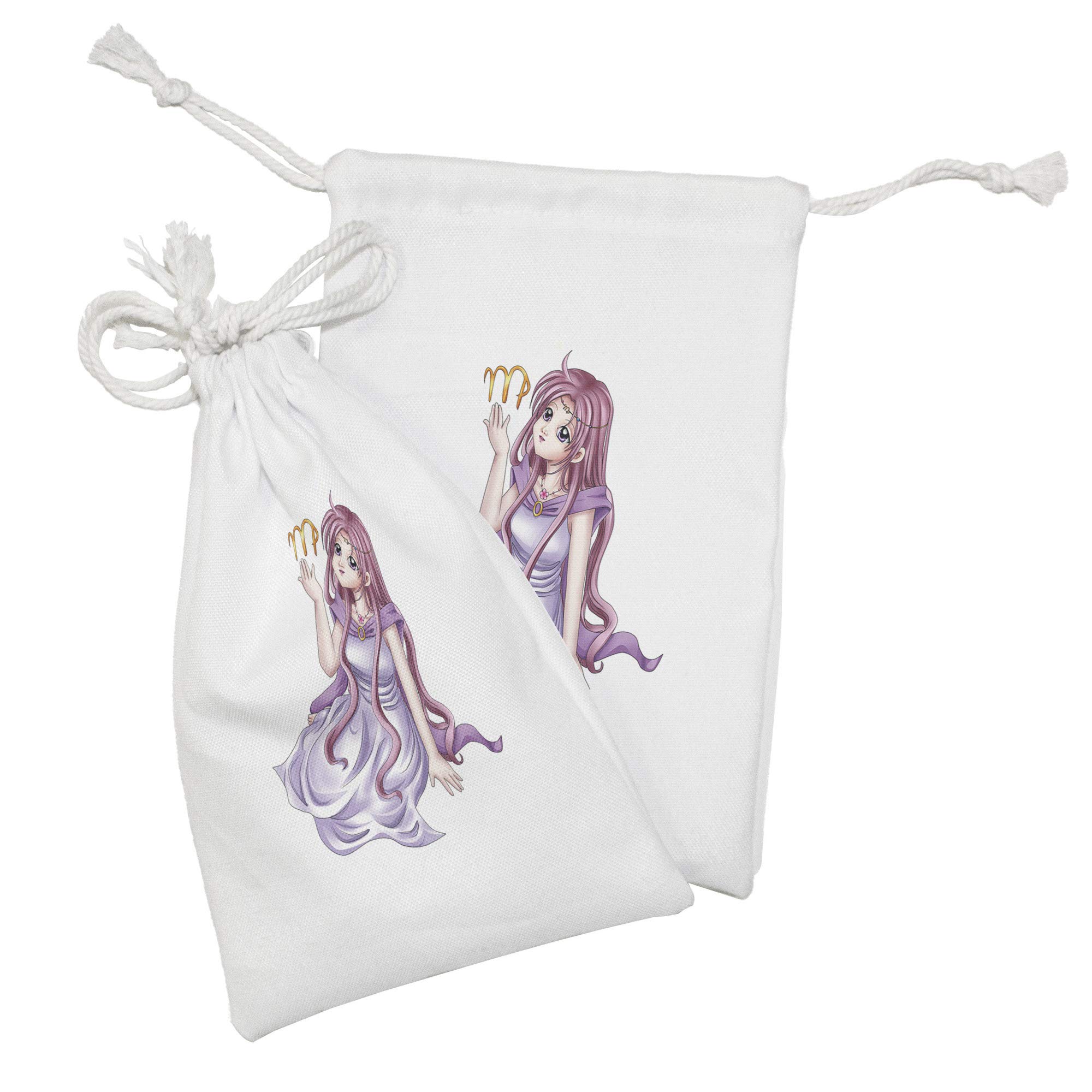 Ambesonne Zodiac Virgo Fabric Pouch Set of 2 - Manga Style Virgo Young Girl Character Drawstring Bags (9