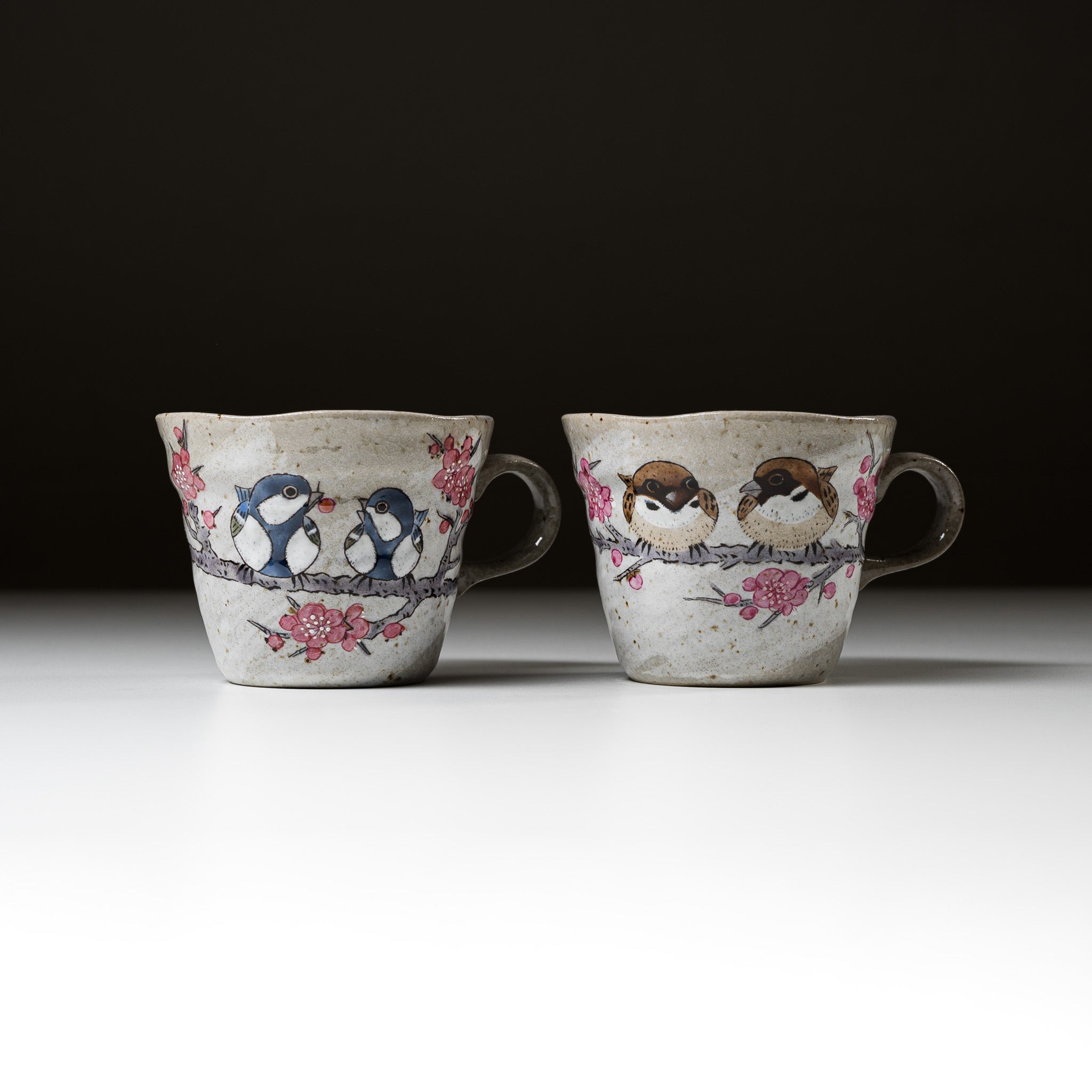 Kutani Ware Pair Mug Cup - Japanese Tit and Sparrow Design - Handcrafted Japanese Ceramic Coffee Tea Cups - Perfect for Home, Office & Gift Giving