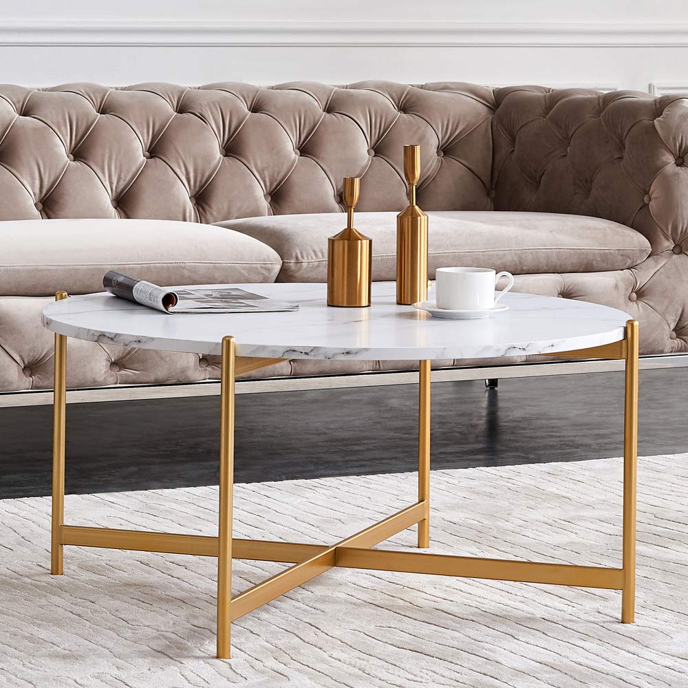 Modern Marble Round Accent Coffee Table with Metal Frame - Gold Finish for Living Room, Bedroom & Dining Room | Stylish Center Table for Sofa, Lounge & Home Decor