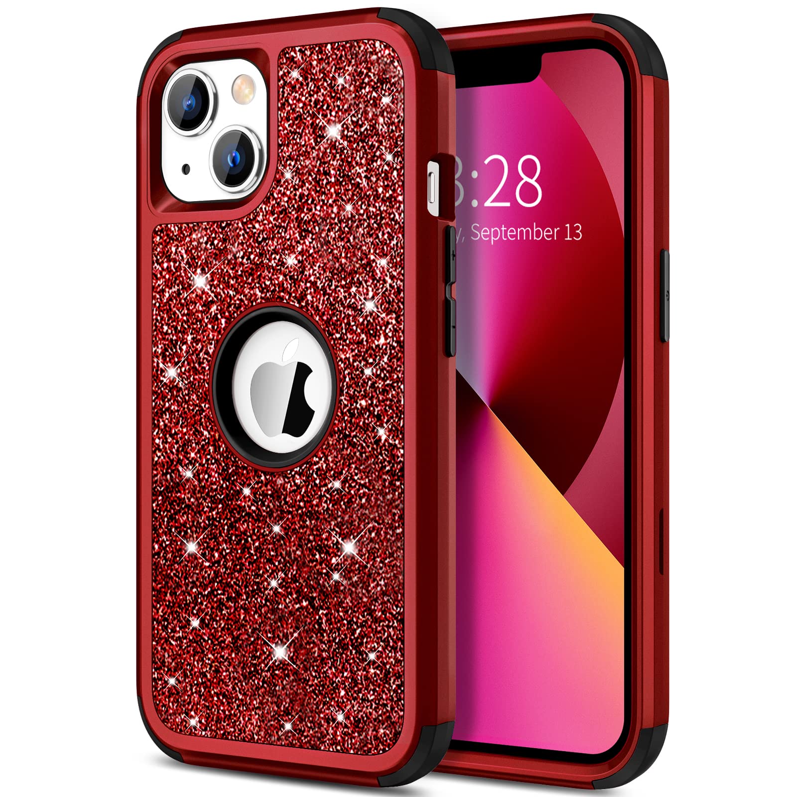 Hython Glitter iPhone 13 Case - Sparkly Shiny Bling Protective Cover with 3-in-1 Hybrid Design (Hard PC + Soft TPU) | Shockproof Full Body Protection for Women & Girls | Perfect for Everyday Use, Parties & Gifts (Red)