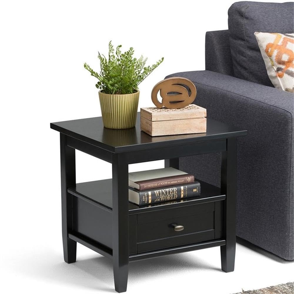 **Small Square End Table with Storage Drawer & Shelf - Solid Wood Nightstand for Living Room, Bedroom, Office - Rustic Narrow Side Table for Small Spaces - Black - Perfect for Sofa Side, Telephone Stand & Home Decor**