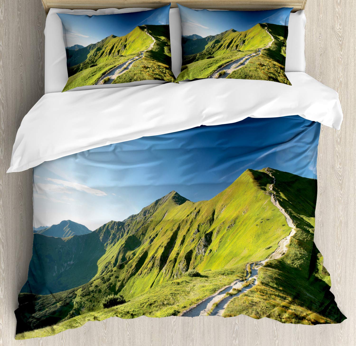 Ambesonne Polish Duvet Cover Set - King Size 3-Piece Bedding with 2 Pillow Shams, Tatra Mountain Peaks Design in Azure Blue & Olive Green - Perfect for Bohemian & Nature-Inspired Bedroom Decor