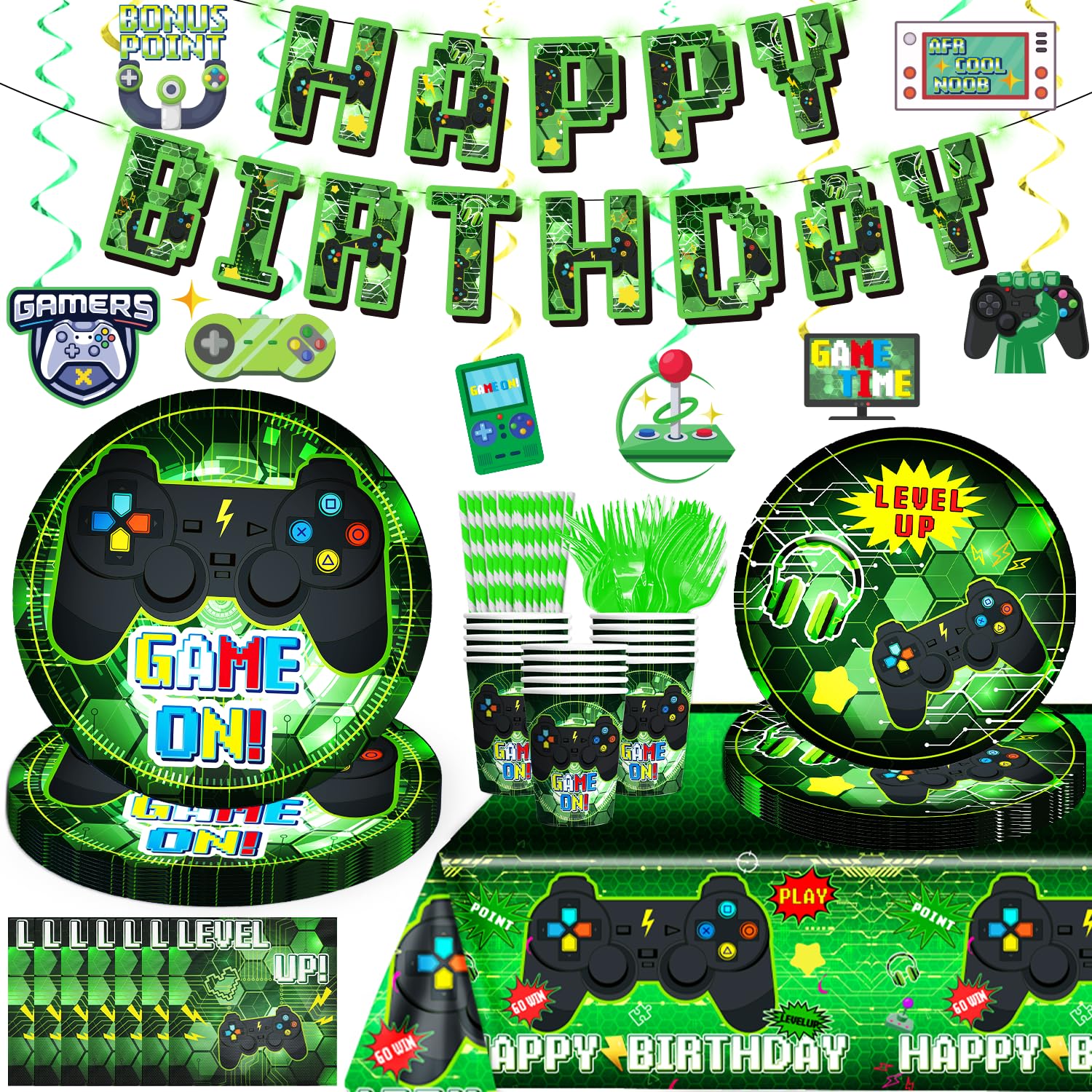 159-Piece Video Game Birthday Party Decorations Set - Includes Banner, Plates, Tablecloth & More - Gamer Themed Party Supplies for Boys - Serves 25 Guests (Green) - Perfect for Gaming Birthday Parties, Teen Celebrations & Esports Themed Events