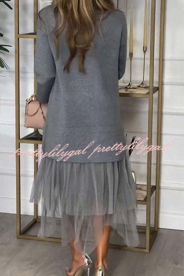 Taylor Knit Turtleneck Zip-Up Top & Elastic Waist Tulle Loose Midi Skirt Set - Women's Casual Winter Outfit for Office, Date Night & Holiday Parties
