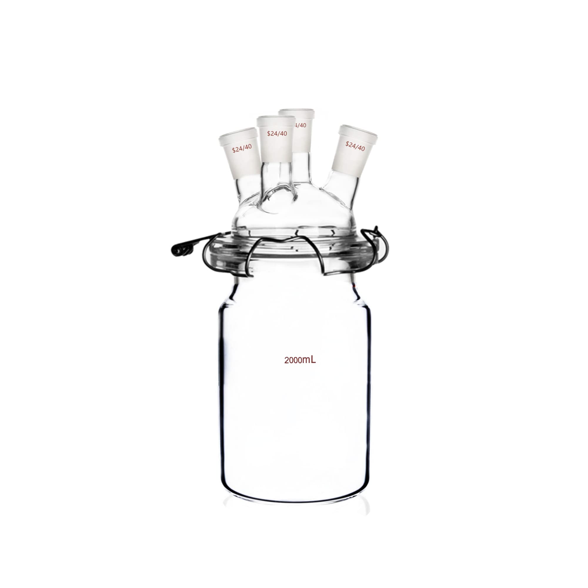 24/40 Glass Cylindrical Reactor - 4-Neck Flat Bottom Lab Reaction Vessel with Lid & Clamp for Chemical Synthesis, Distillation & Research Experiments