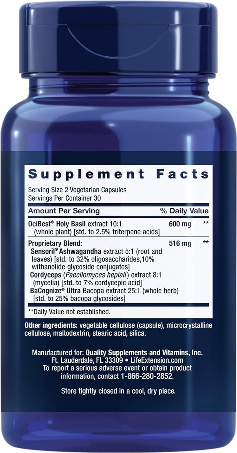 Life Extension Adrenal Energy Formula - Stress Relief Supplement with Holy Basil, Cordyceps, Bacopa & Ashwagandha | Gluten Free, Non-GMO, Vegetarian | 60 Capsules | Boost Energy & Combat Fatigue for Busy Professionals