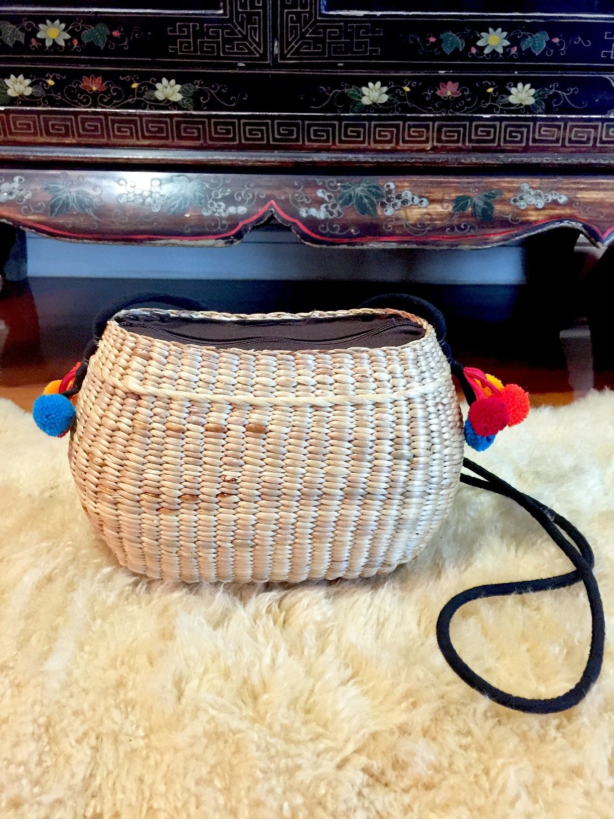 Handwoven Straw Bag with Pom Poms - Crossbody Straw Handbag, Mini Straw Tote & Beach Bag for Women | Summer Vacation, Boho Festival & Beach Outfit Accessory