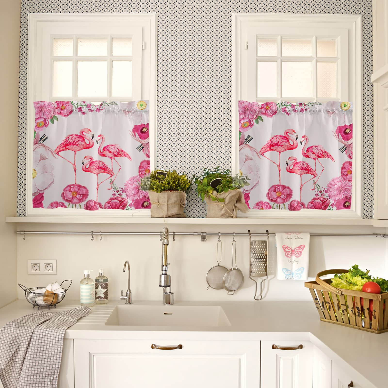 Thermal Insulating Animal Print Kitchen Curtains Set of 2 Panels - 27.5x24 Inch Rod Pocket Cafe Curtains with Pink Flowers & Flamingos Design for Bathroom, Kitchen Window - Perfect for Cozy Home Decor & Sun Protection