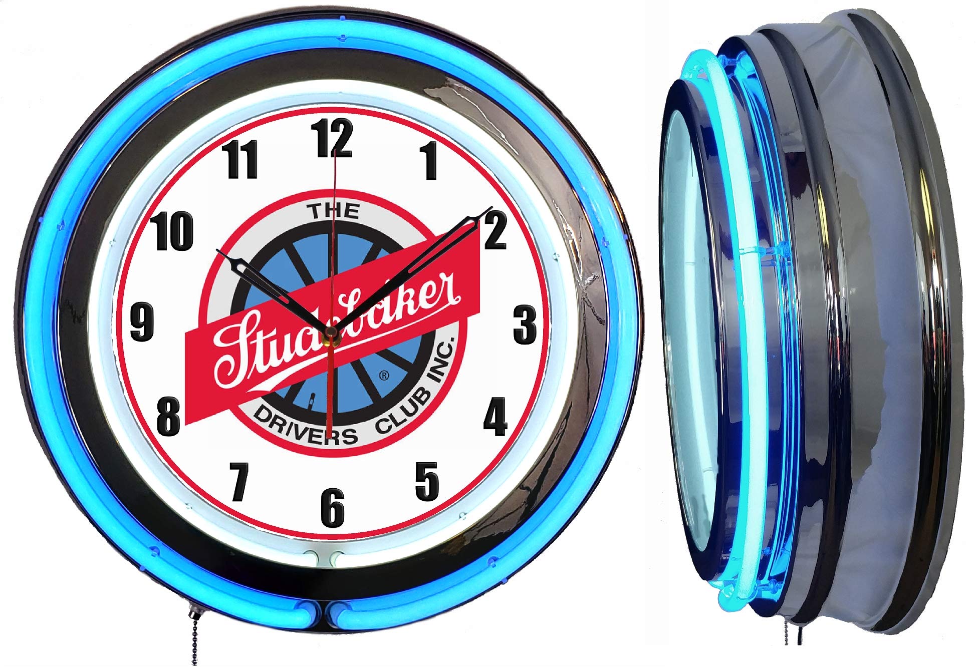 Vintage Studebaker Drivers Neon Clock - 19 Inch Blue Neon Tube Wall Clock for Car Enthusiasts | Perfect for Man Cave, Garage, and Retro Home Decor