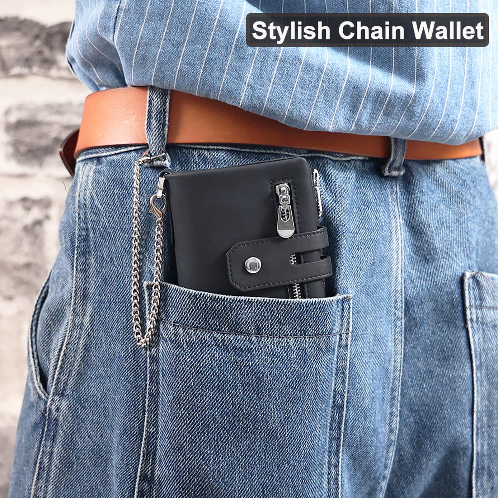 Boshiho Men's RFID Blocking Leather Wallet with Chain - Genuine Leather Bifold Wallet with Double Zipper, Coin Pocket & Anti-Theft Chains | Perfect for Travel, Daily Use & Gift Giving