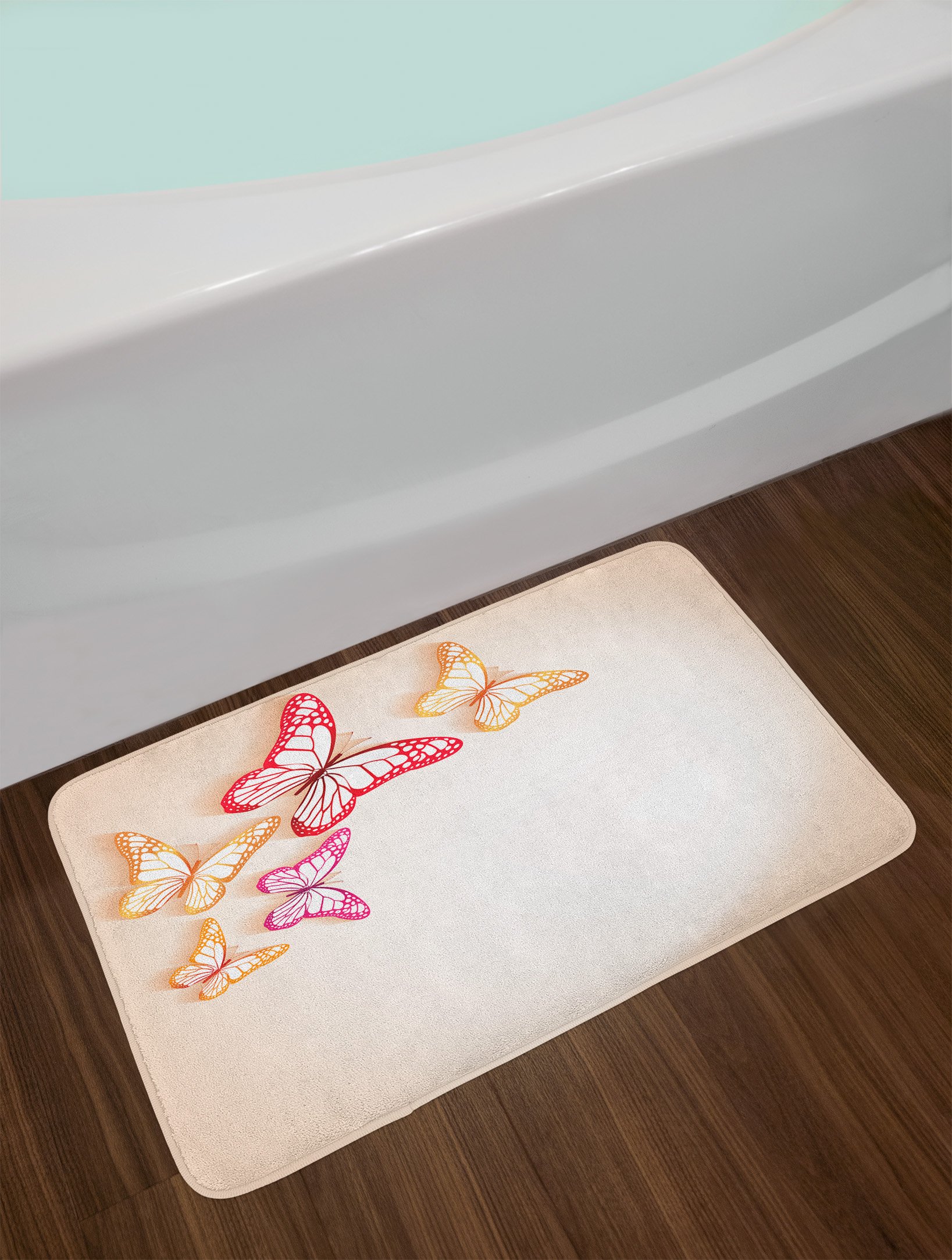 Ambesonne Butterfly Bath Mat - Non-Slip Plush Bathroom Rug with Nature-Themed Paper Cut Art, 30.2 x 20 Inches, Yellow Red Beige - Perfect for Bathroom Decor, Kids' Room & Spa Style Homes
