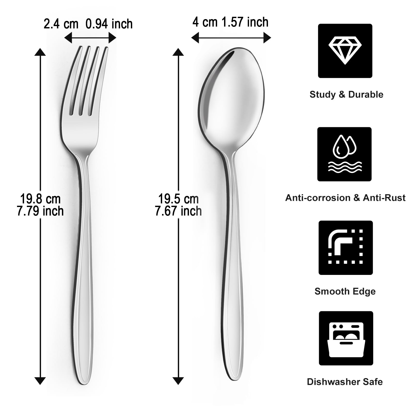24-Piece Stainless Steel Forks and Spoons Set - 12 Dinner Forks & 12 Spoons - Food Grade Mirror Polished Silverware for Home, Kitchen, Restaurant & Party Use - Dishwasher Safe Durable Flatware
