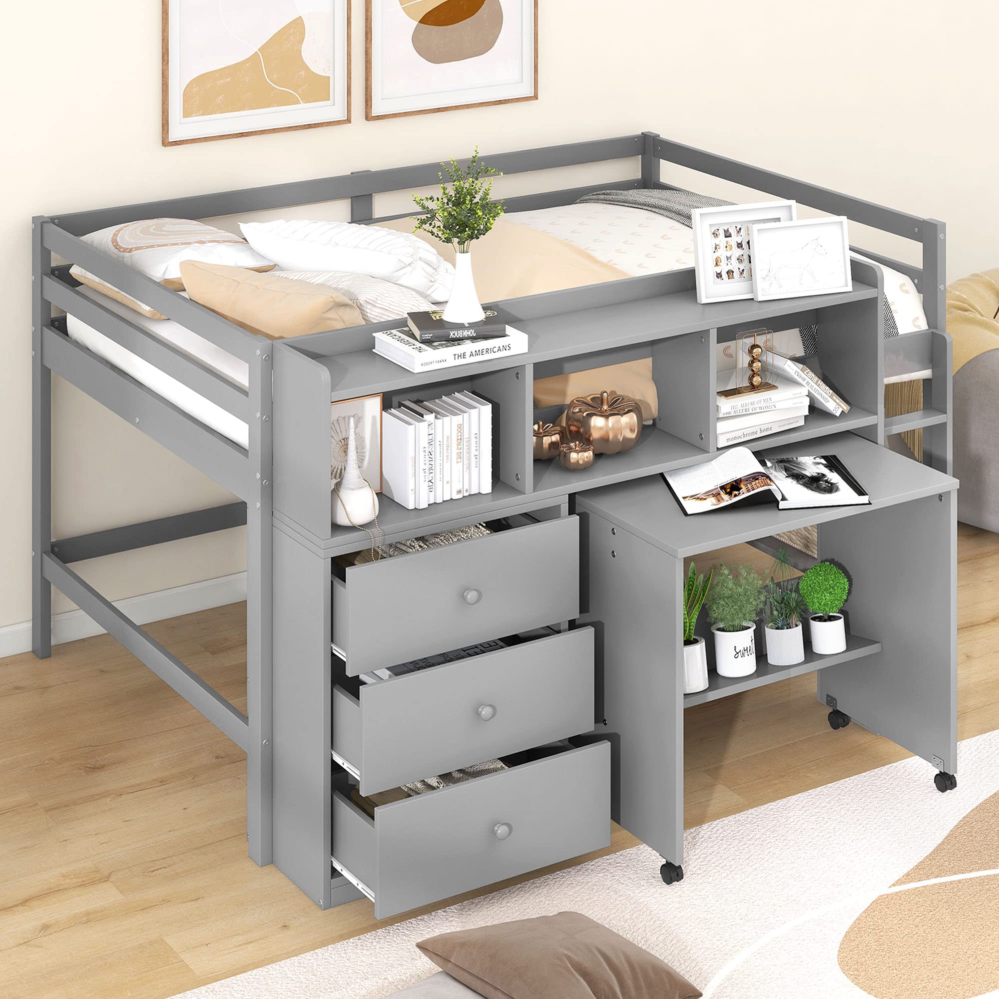 RUNWON Full Size Solid Wood Low Loft Bed with Rolling Desk & Storage - Space Saving Loft Bed for Kids & Adults - Perfect for Small Bedrooms, Dorms & Studio Apartments (Gray)