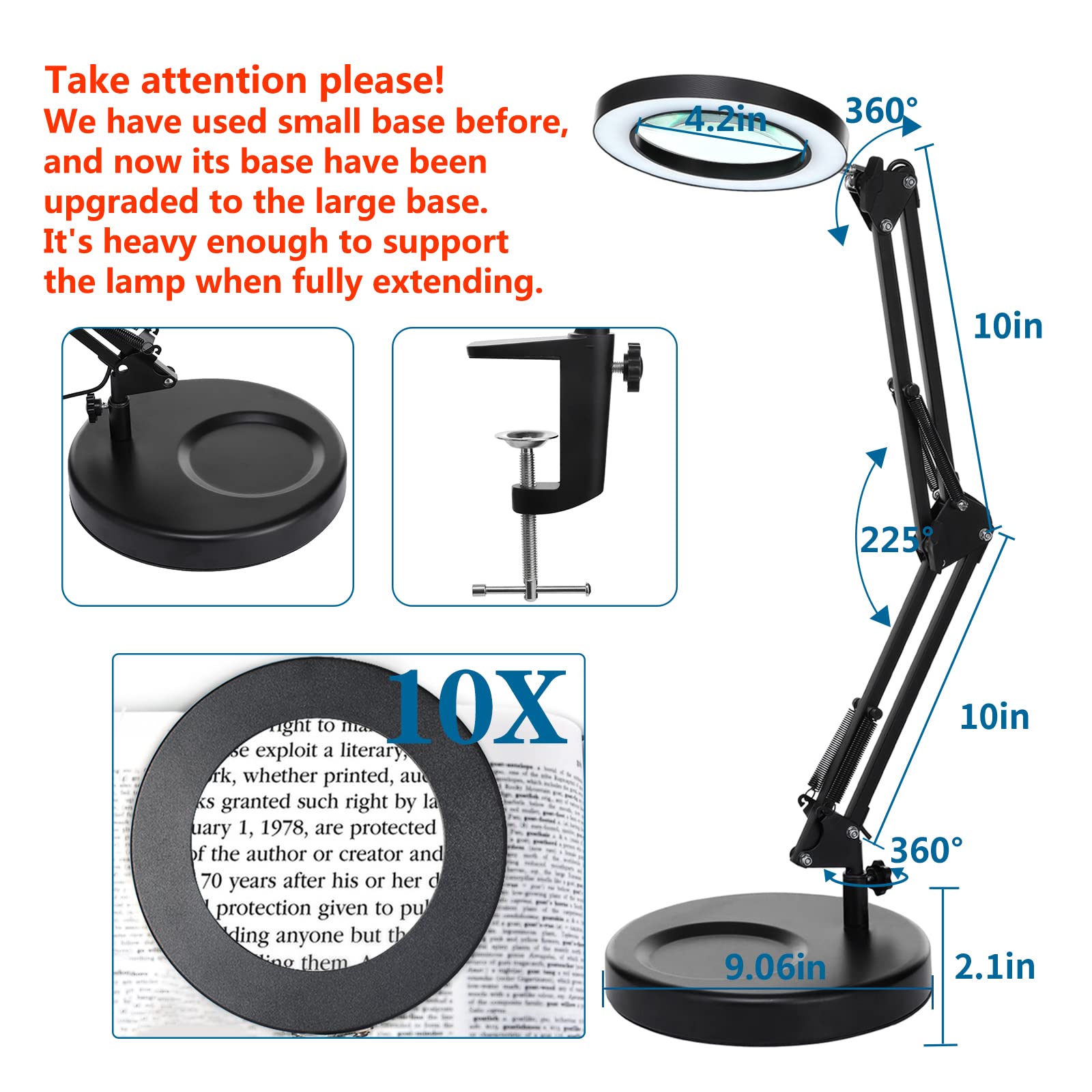HITTI 10X Magnifying Glass with Light - 1800 Lumens Dimmable LED Desk Lamp, 3 Color Modes, 4.2