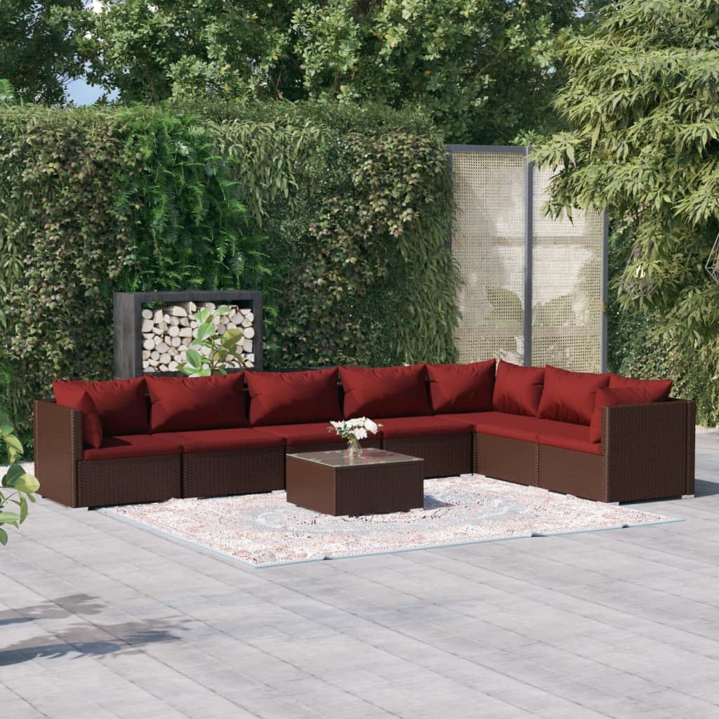 8-Piece vidaXL Patio Lounge Set - Brown Poly Rattan Outdoor Sectional Sofa with Cushions for Garden, Backyard, Poolside & Patio Relaxation