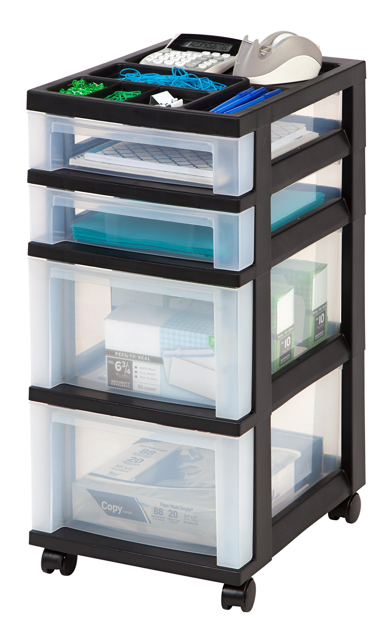 IRIS USA 4-Drawer Plastic Storage Cart with Wheels - Rolling Organizer for Classroom, Craft Supplies, Bathroom, Bedroom & Laundry - Black/Clear - Perfect for Dorm Rooms, Closet Organization & Art Studio Storage