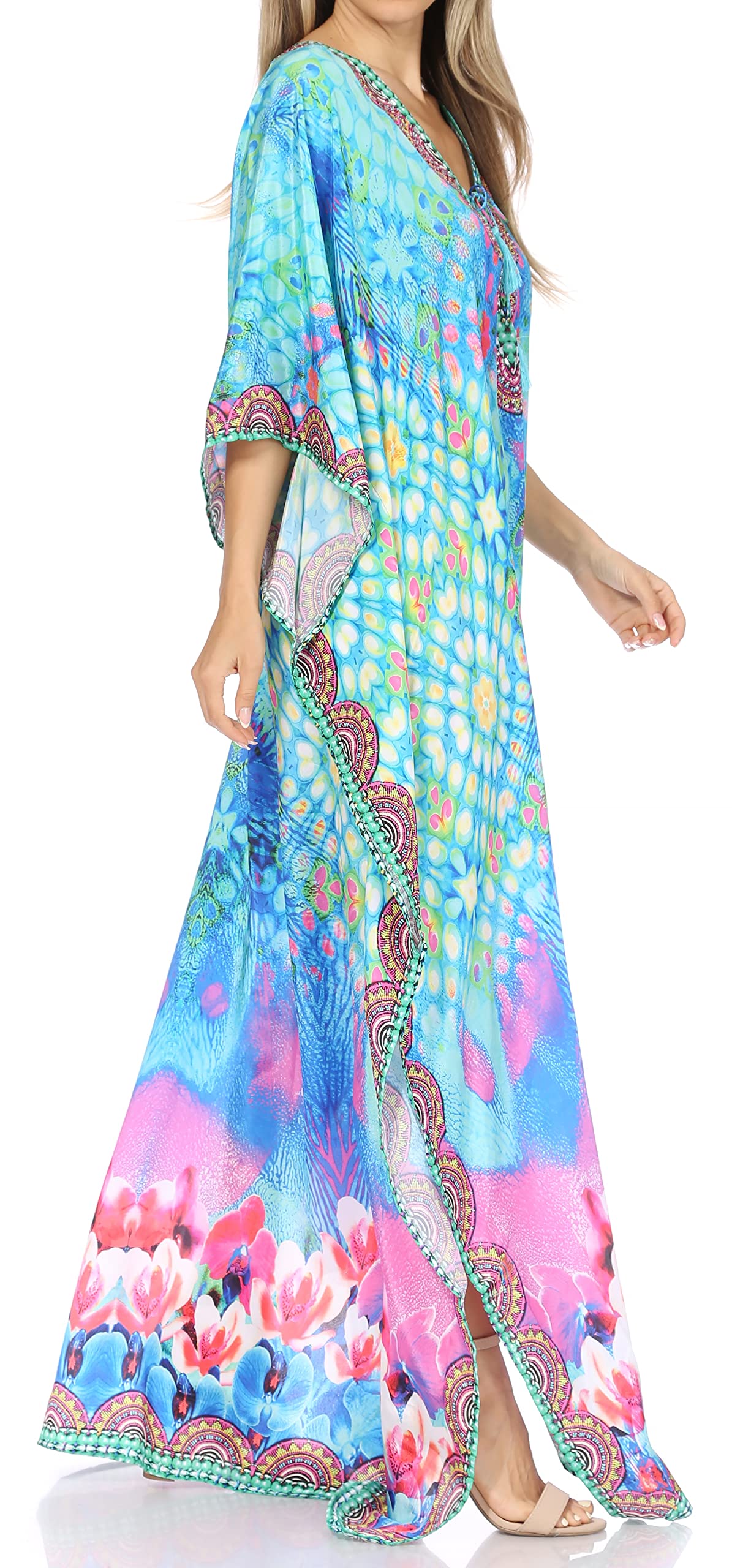 Sakkas Women's Elegant Georgette Rhinestone V-Neck Long Caftan Dress - Beach Cover Up, Evening Gown & Summer Maxi Dress for Vacation, Party & Special Occasions