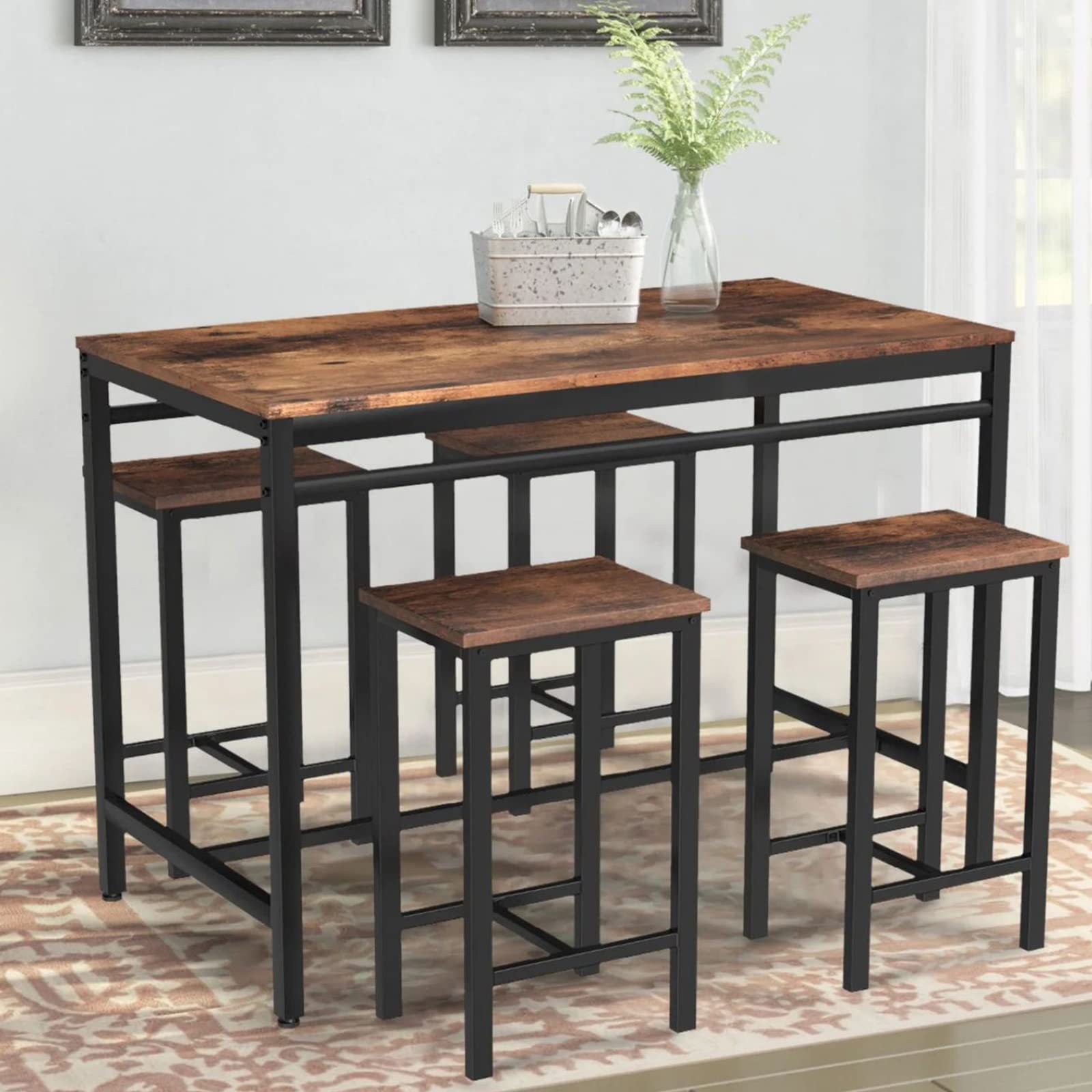Modern 5-Piece Industrial Bar Height Dining Table Set for 4 - Kitchen & Pub Table with 4 Chairs - Space-Saving Breakfast Nook & Small Space Solution - Perfect for Apartments, Condos & Cozy Dining Areas