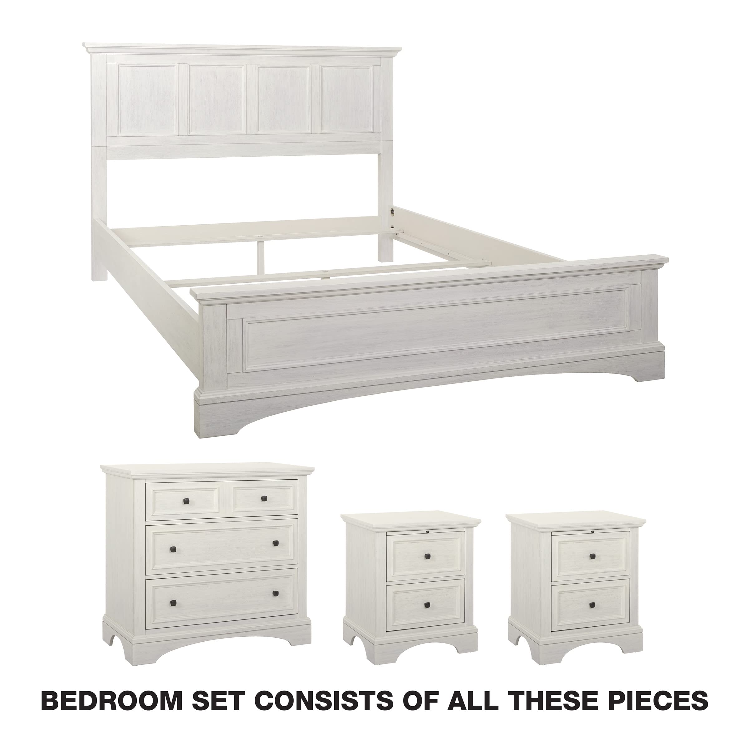 OSP Home Furnishings 4-Piece Farmhouse Bedroom Set - Queen Bed, 2 Nightstands & 3-Drawer Chest in Rustic White | Perfect for Cozy Country-Style Bedrooms & Guest Rooms