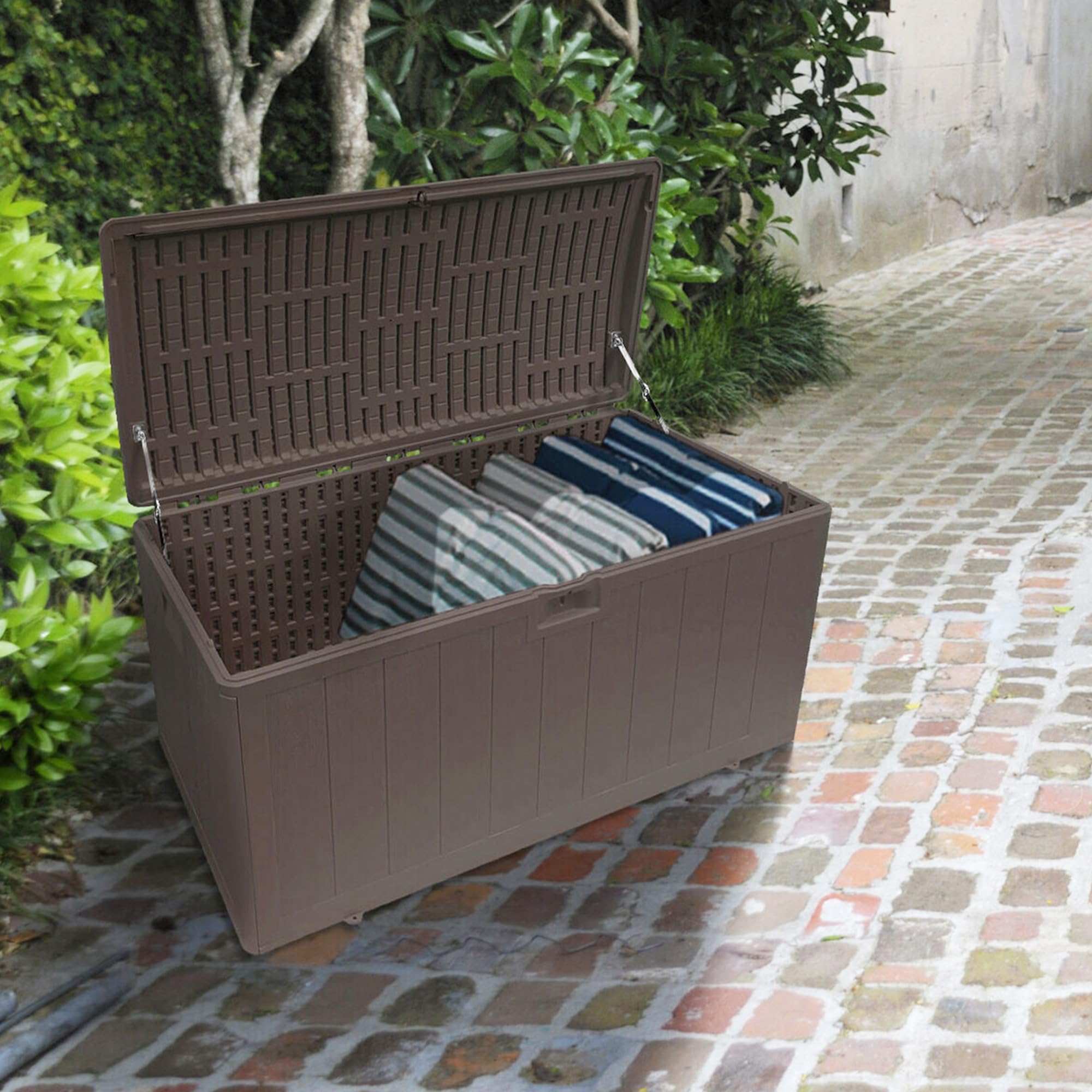 Outdoor Storage Deck Box 130 Gallon with Soft Closure - Weatherproof Plastic Deck Box for Patio, Garden & Backyard Organization - Driftwood Color