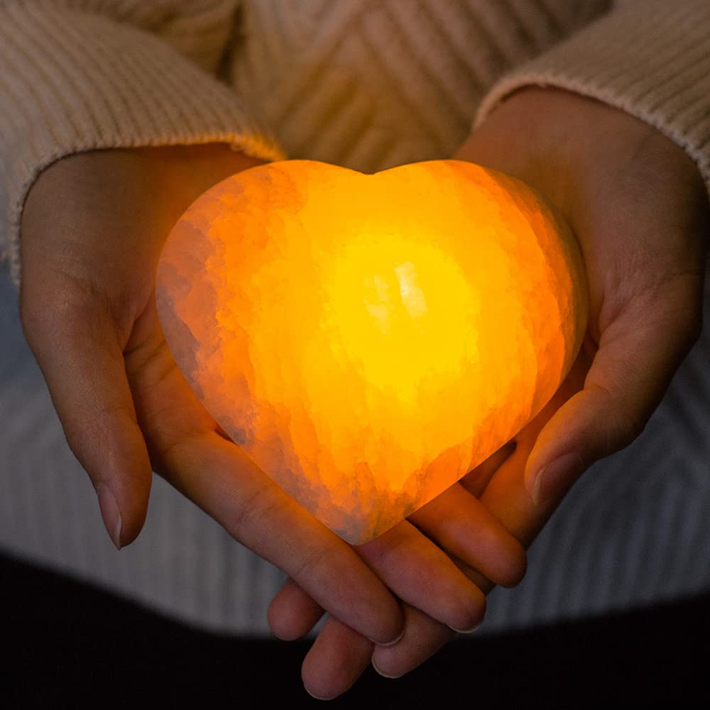 Rechargeable Selenite Crystal Lamp - Hand Carved Natural Stone Night Light with Dimmer (White/Warm/Yellow, Heart Shape) | Healing Crystal Light for Bedroom, Meditation & Yoga Space