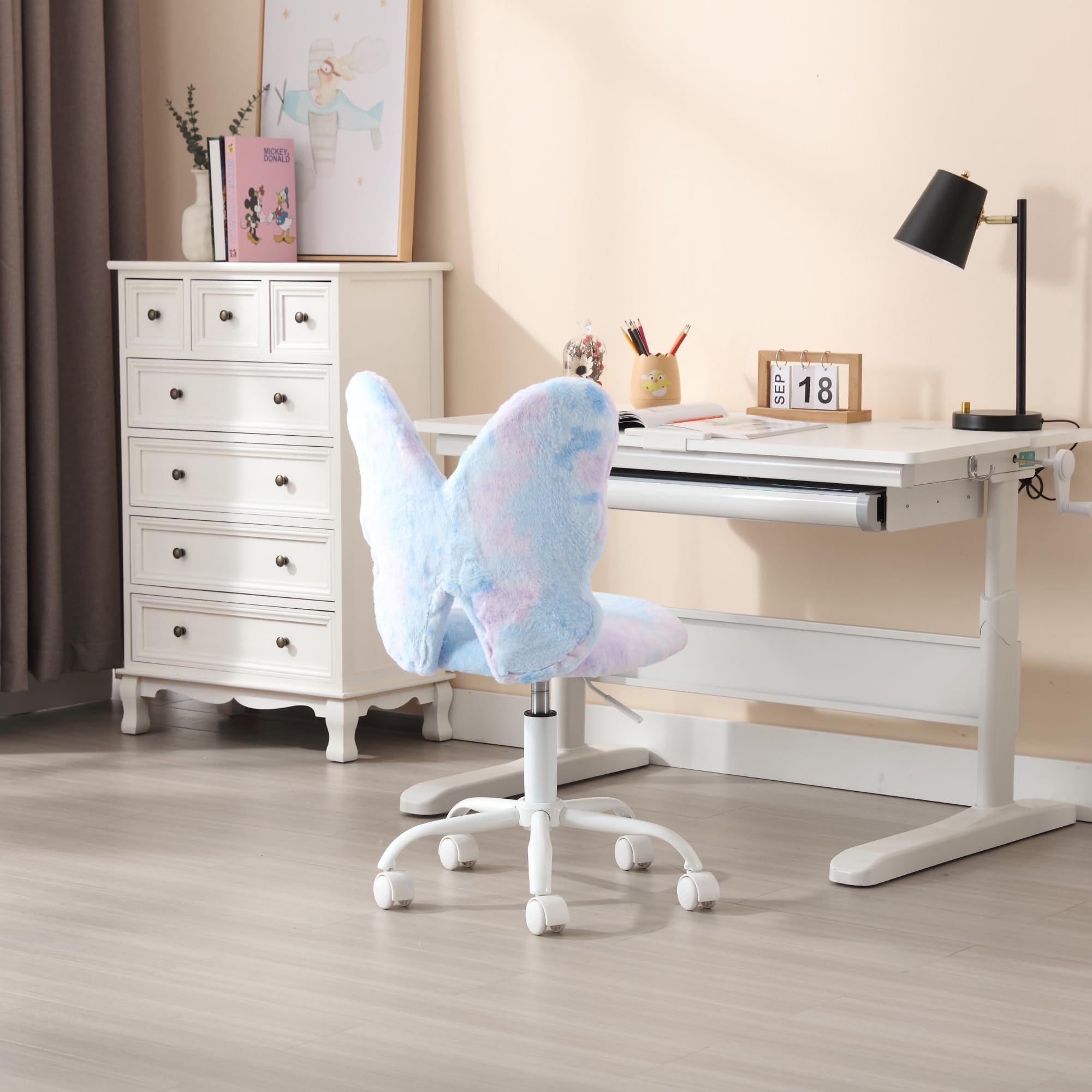 Kmax Adjustable Kids Desk Chair with Wheels - Soft Faux Fur Swivel Office Chair for Children, Cute Butterfly Design, Perfect for Bedroom, Study Room & Reading Nook - Dreamy Blue