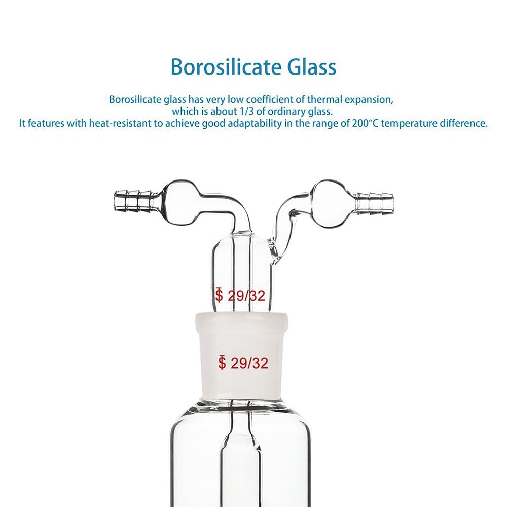 Stonylab Gas Washing Bottle - 500ml Borosilicate Glass with 29/32 Standard Joint & 8mm Serrated Hose - Ideal for Chemistry Labs, Gas Purification & Science Experiments
