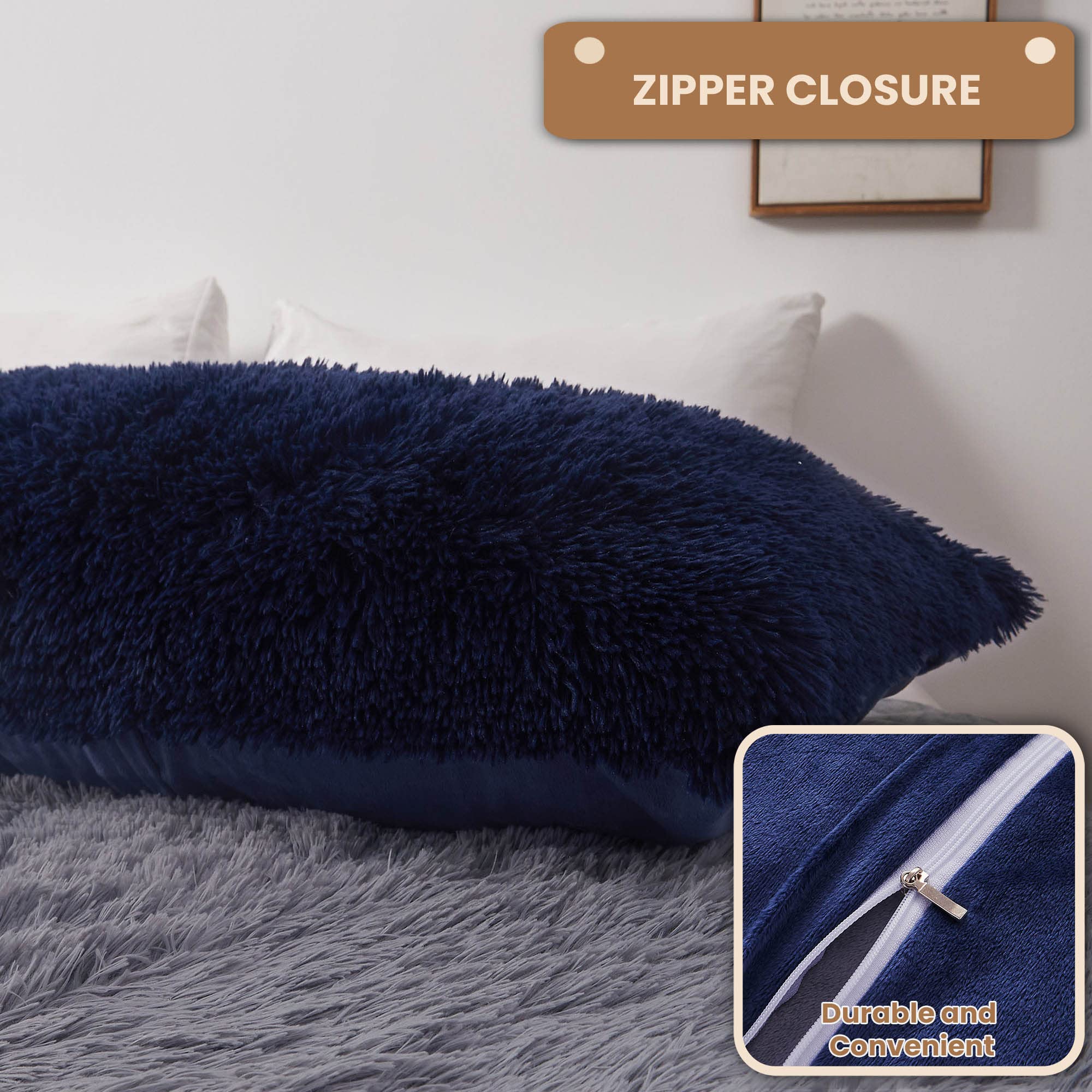 MEGO Dark Blue Faux Fur Shaggy Plush Body Pillow Cover - 20x54 Inches Fluffy Long Pillowcase with Zipper for Bed, Couch & Living Room - Ultra Soft Fuzzy Throw Pillow Sham for Cozy Home Decor & Relaxation