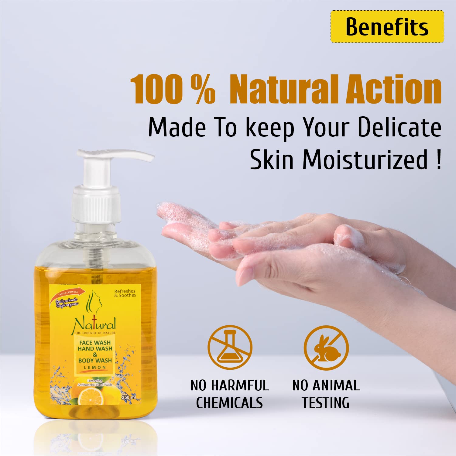 Organic Lemon Hand, Face & Body Wash - 250ml (Pack of 3) | Gentle Cleansing for All Skin Types | Perfect for Daily Shower, Gym Bag & Travel