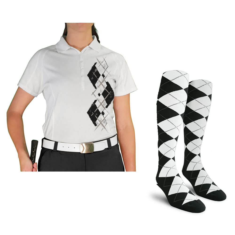 Women's Dry Fit Short Sleeve Graphic Golf Polo Shirt with Socks - Argyle Paradise Design - Moisture Wicking Athletic Top for Golf, Tennis & Casual Wear (A-Z Sizes)