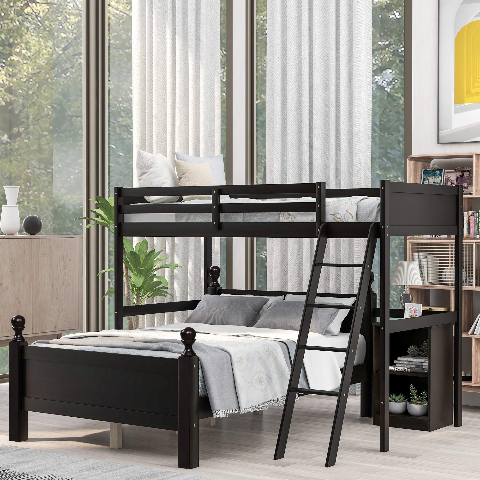 KLMM Twin Over Full Bunk Bed - Solid Wood Loft Bed Frame with Cabinet, Ladder & Guardrail | Convertible to 2 Separate Beds | Space-Saving Kids Bedroom Furniture (Espresso Finish) | Perfect for Small Rooms, Guest Rooms & Shared Kids' Bedrooms