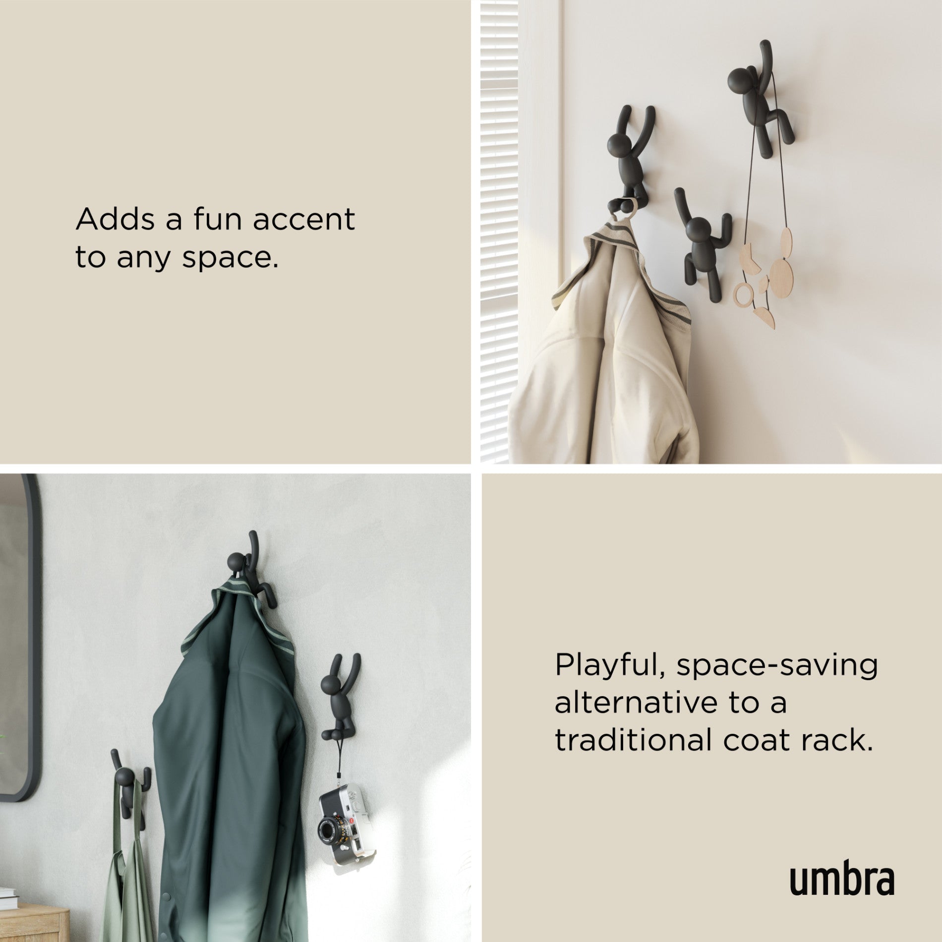 Buddy Wall Hooks Set of 3 - Heavy Duty Adhesive Hooks for Hanging Coats, Hats & Keys - Perfect for Home, Office & Dorm Organization