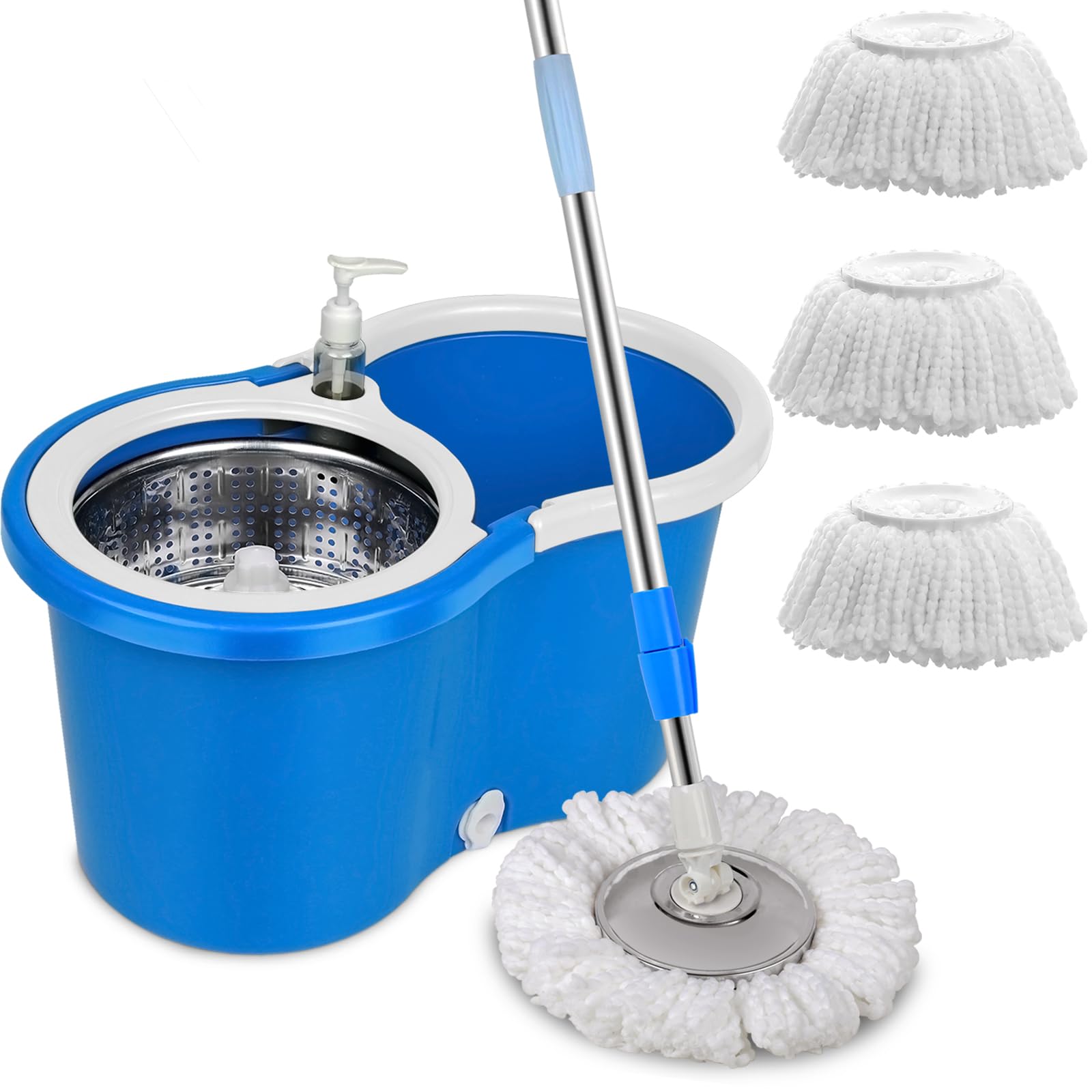 360 Spin Mop and Bucket System with Wringer - 3 Microfiber Mop Refill Heads & 61