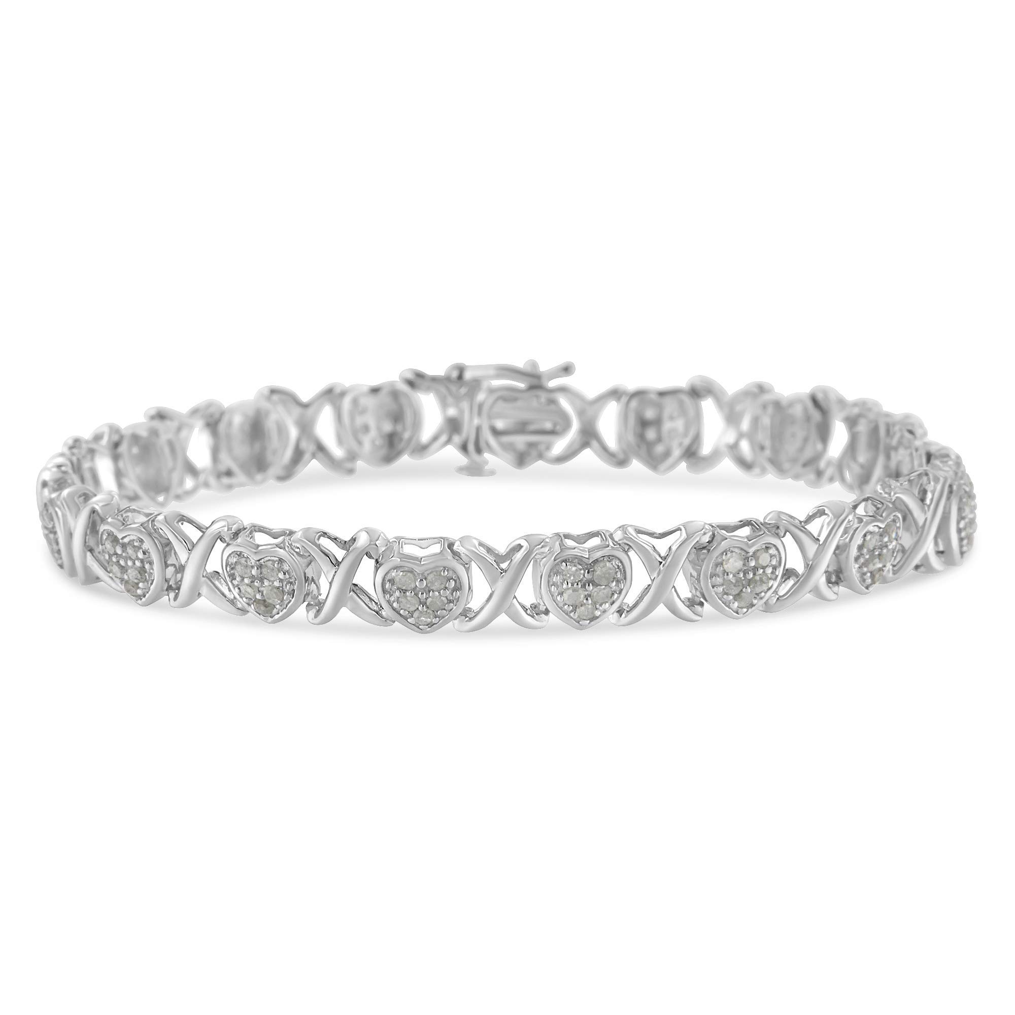 925 Sterling Silver 1.0 Carat Diamond Heart & X-Link Tennis Bracelet for Women - 7