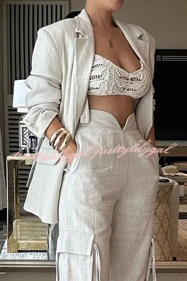 Stylish Women's Lapel Long Sleeve Loose Jacket & Casual Pocket Lace-Up Straight Leg Pants Set - Office Wear & Spring Outfit