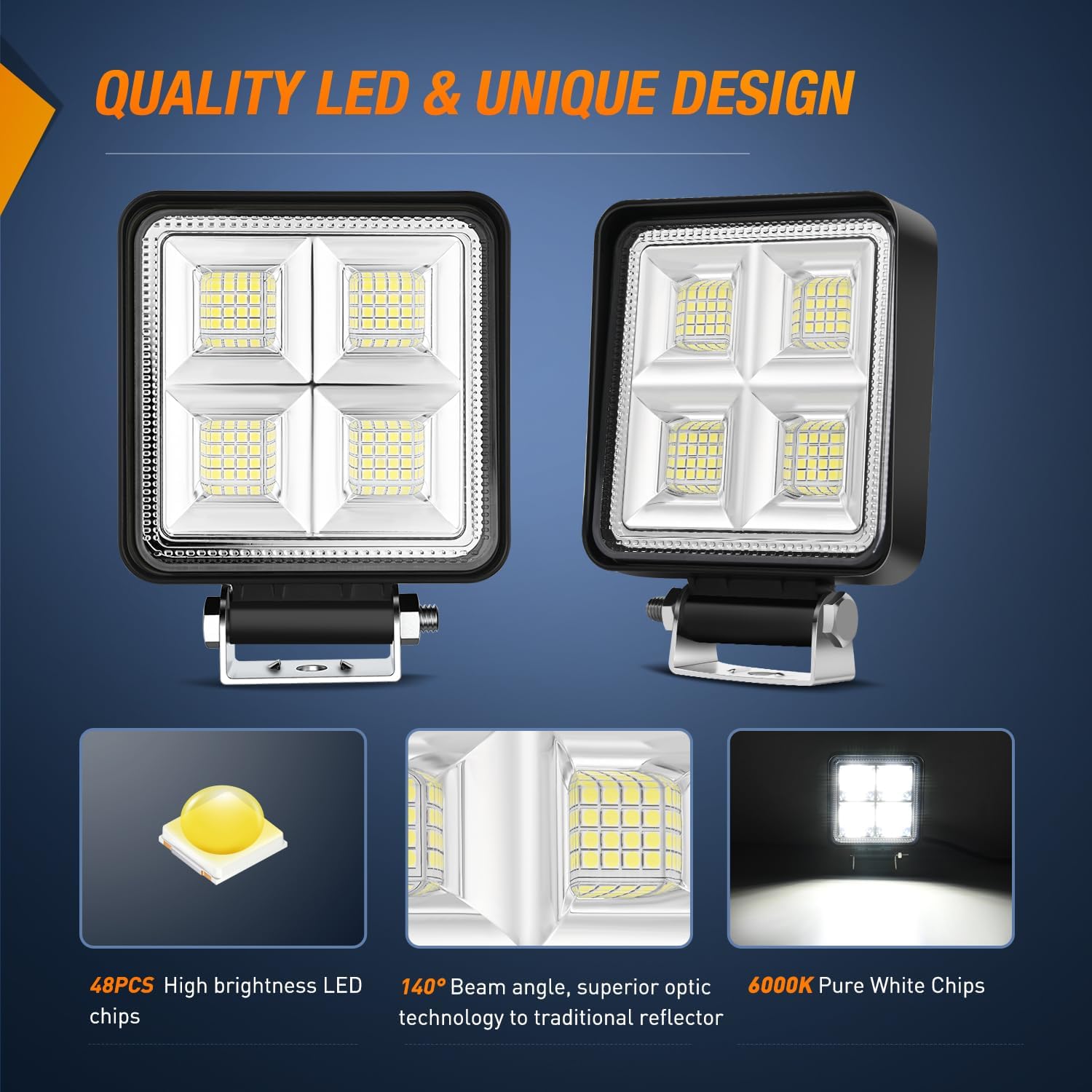 4 Inch 64LED Square Flood LED Pod Lights (Pair) - Waterproof Off-Road Lighting for Trucks, Jeeps, ATVs, Boats - Perfect for Camping, Hunting & Night Driving