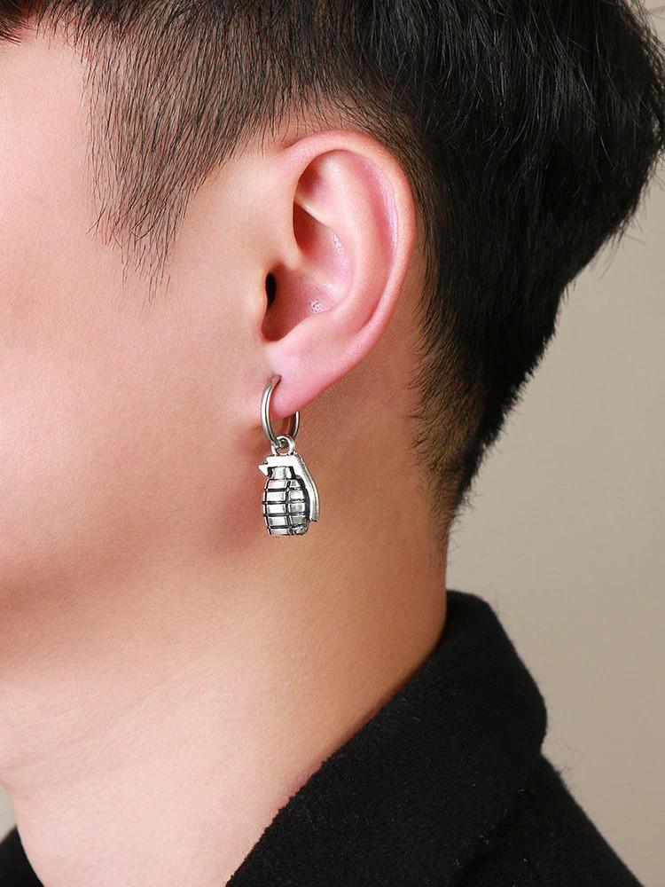 Grenade Shaped Hoop Earrings for Men - Punk Rock Military Style Jewelry - Perfect for Concerts, Parties, and Bold Fashion Statements