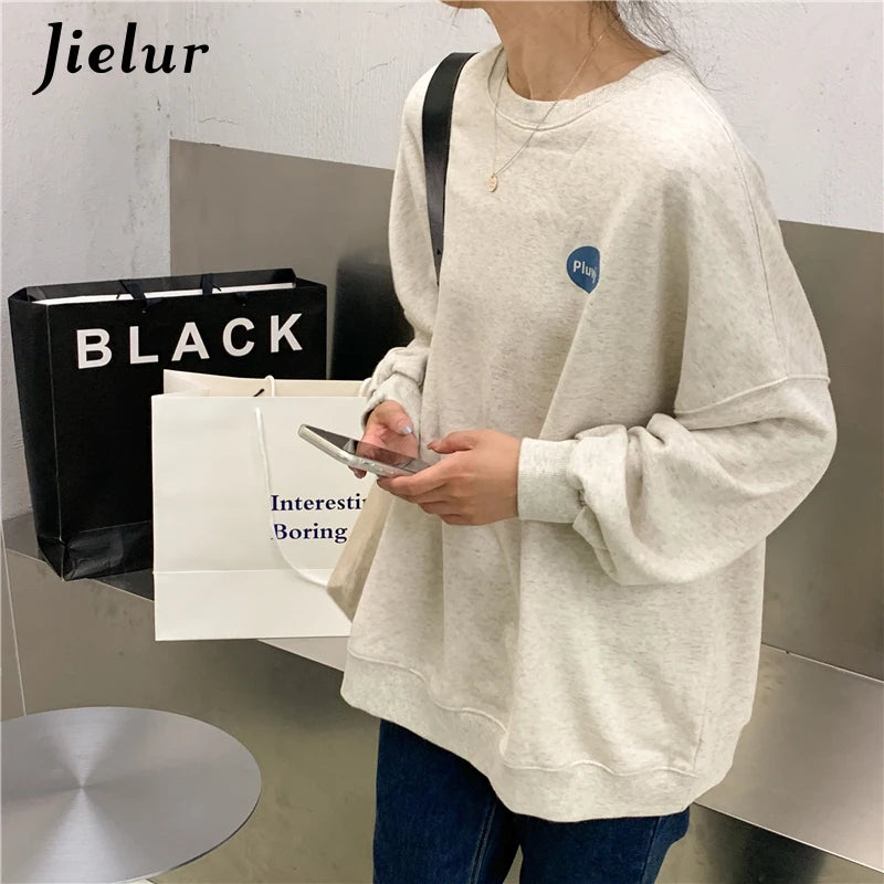 Korean Autumn Style Loose Long Sleeve Letter Print O-Neck Sweatshirt for Women - Casual Oatmeal Hoodie Pullover for Fall Fashion, Streetwear & Cozy Loungewear