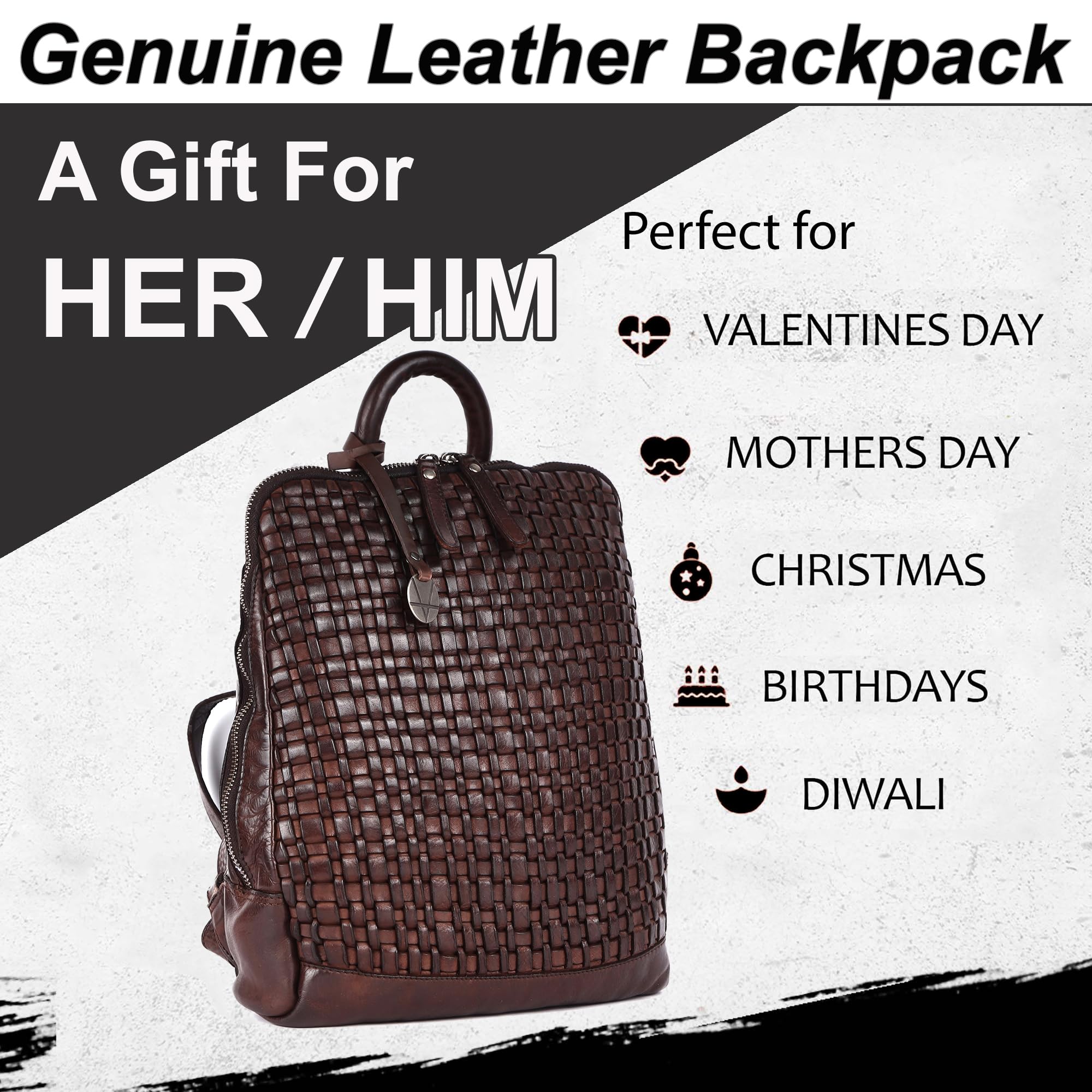 12.5 Inch Genuine Leather Backpack for Women & Men - Adjustable Shoulder Straps, Durable Brown Leather Laptop Backpack - Perfect for Work, Travel & School
