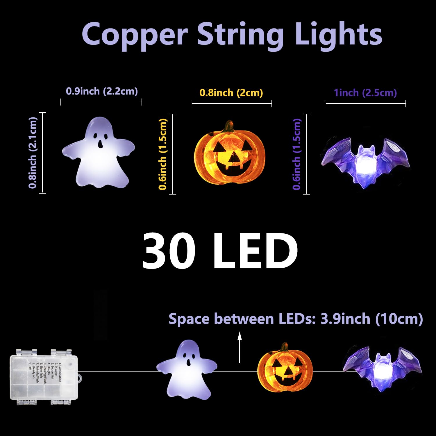 30 LED Halloween String Lights - White Ghost, Purple Bat & Orange Pumpkin Design with Remote Control | Battery Operated Fairy Lights for Cosplay Party, Gothic Halloween Decor | Perfect for Indoor/Outdoor Halloween Party, Home Decoration & Spooky Night Lighting