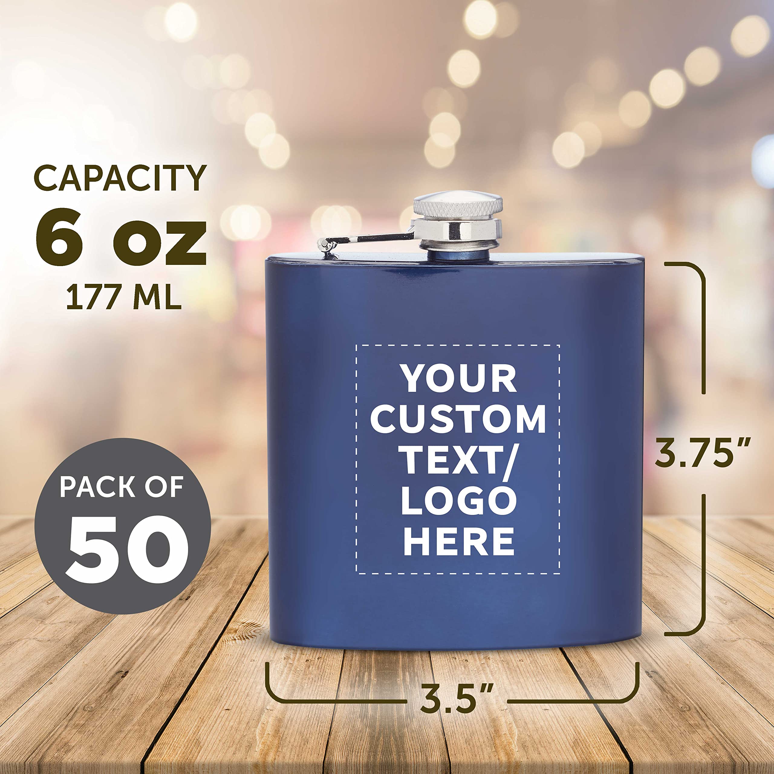 50-Pack Personalized Stainless Steel Hip Flasks 6oz - Engraved Wedding Party Gifts, Groomsmen Gifts & Outdoor Accessories - Screw Top Cap, Durable Murano Design in Blue | Perfect for Camping, Hiking, Bachelor Parties & Corporate Events