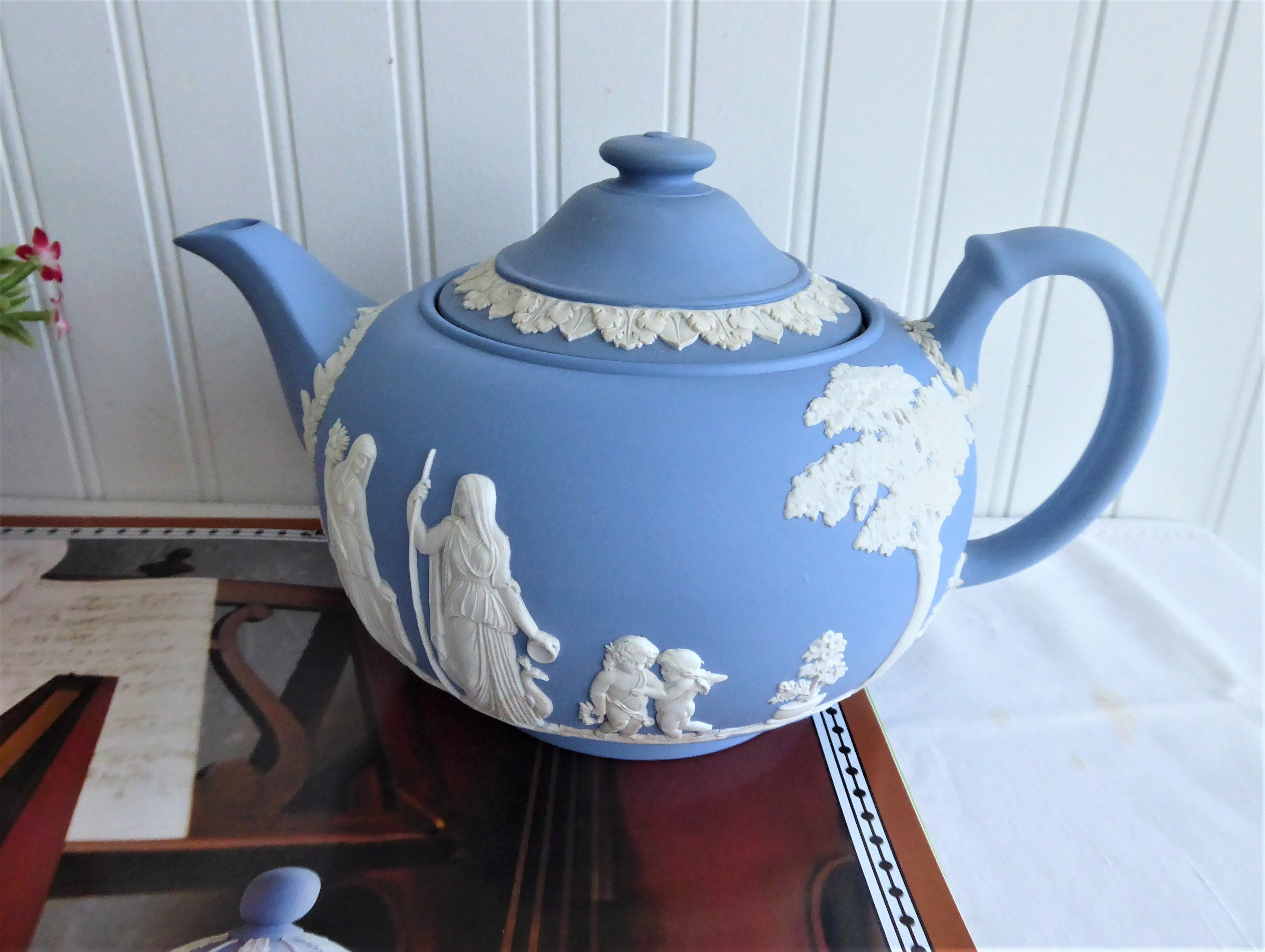 Vintage Wedgwood Blue Jasperware Teapot 1953 - Large Ceres Offering To Peace Design - 6 Cup Capacity - Perfect for Afternoon Tea & Collectible Display