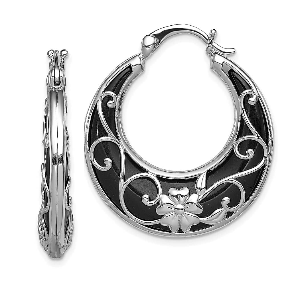 925 Sterling Silver Onyx Flower Hoop Earrings for Women - Elegant Round Floral Dangle Earrings, Perfect Gardening Jewelry & Thoughtful Gift for Her (Mother's Day, Birthday, Anniversary)