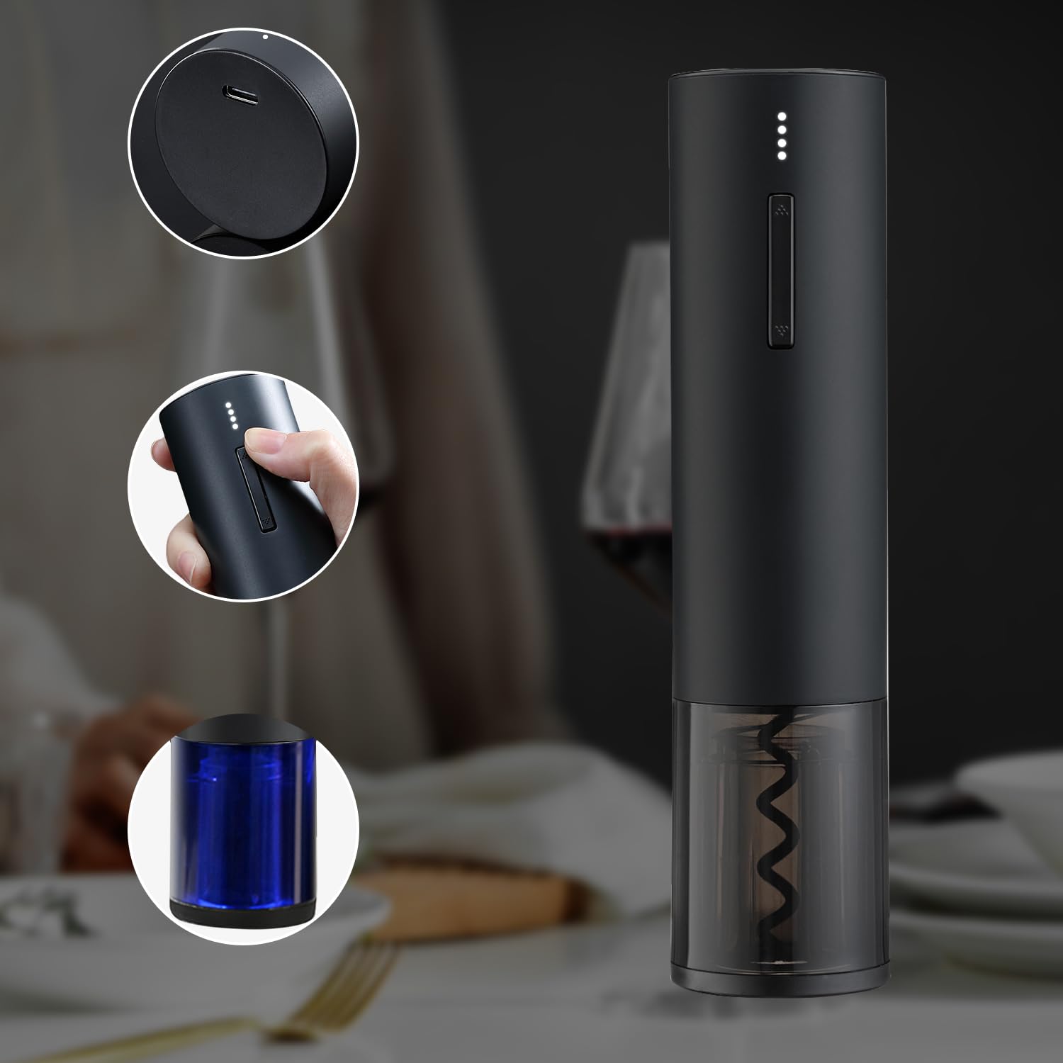 Stainless Steel Electric Wine Bottle Opener - Automatic Cordless USB Rechargeable Corkscrew for Easy Wine Cork Removal | Perfect for Home, Parties & Gifts (Black)