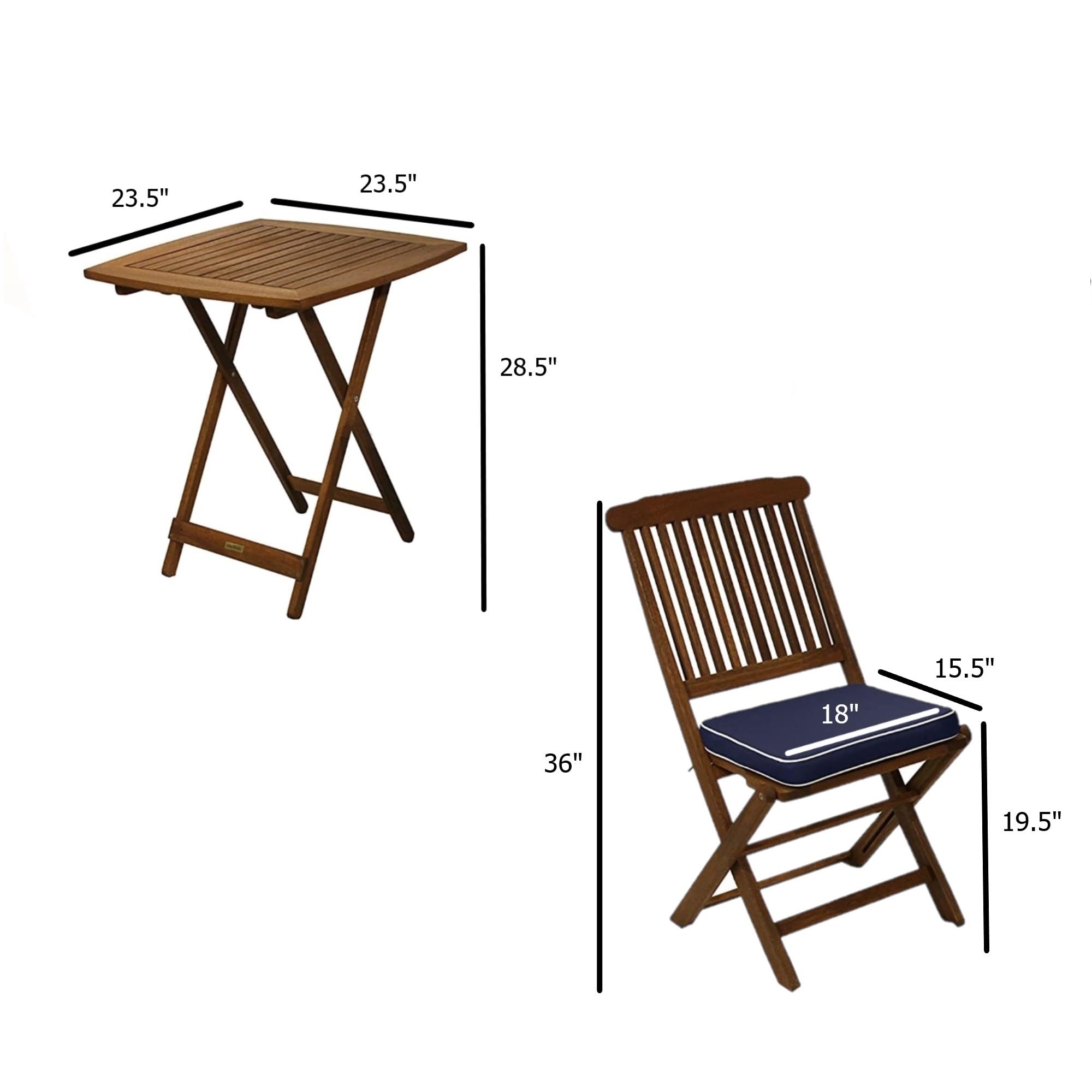 Premium Eucalyptus Wood 3-Piece Foldable Bistro Set - Square Patio Table & 2 Chairs with Blue Cushions - Outdoor Dining Furniture for Garden, Balcony & Backyard