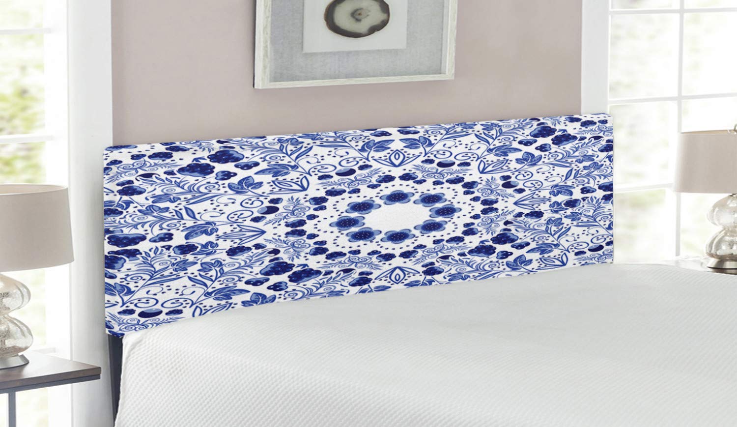 Ambesonne Floral Upholstered Headboard - Queen Size Boho Bed Headboard with Memory Foam, Ottoman Folk Art Design & Blue Middle Eastern Swirl Petals | Perfect for Bedroom Decor, Guest Rooms & Bohemian Style Homes