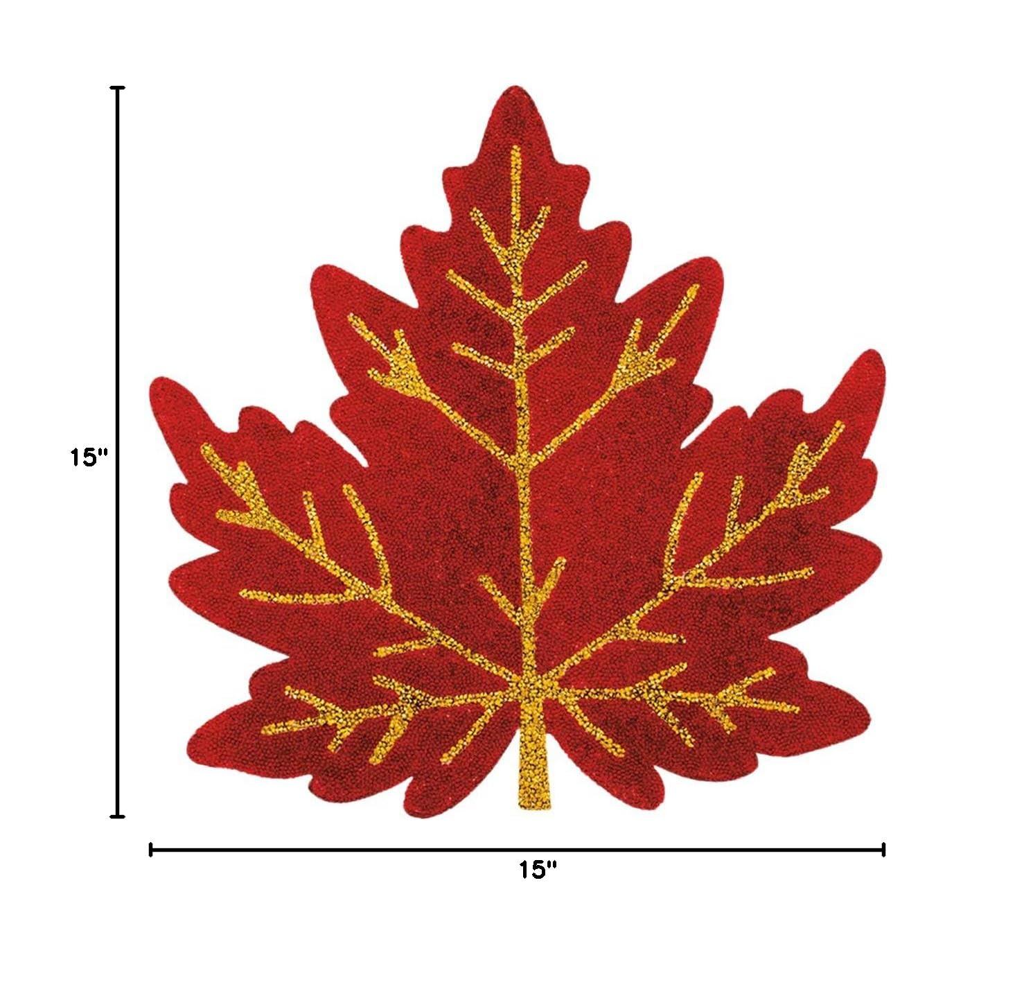 Luminous Leaf Placemat with Red & Gold Sparkling Rhinestone Pattern - Non-Slip Dining Table Decor for Festive Holiday Parties, Thanksgiving, Christmas, and Seasonal Celebrations - 15 Inch Round Place Setting