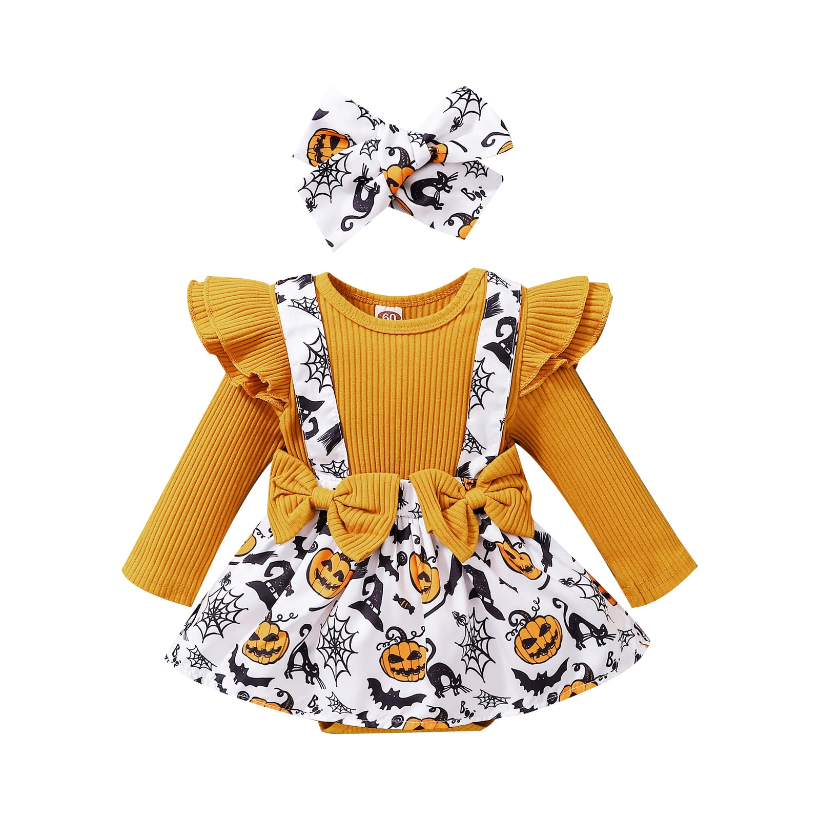 Baby Girl's Halloween Romper Jumpsuit - Pumpkin & Bat Print Ribbed Outfit for Infants | Perfect for Halloween Costume, Photo Shoots & Dress-Up Play